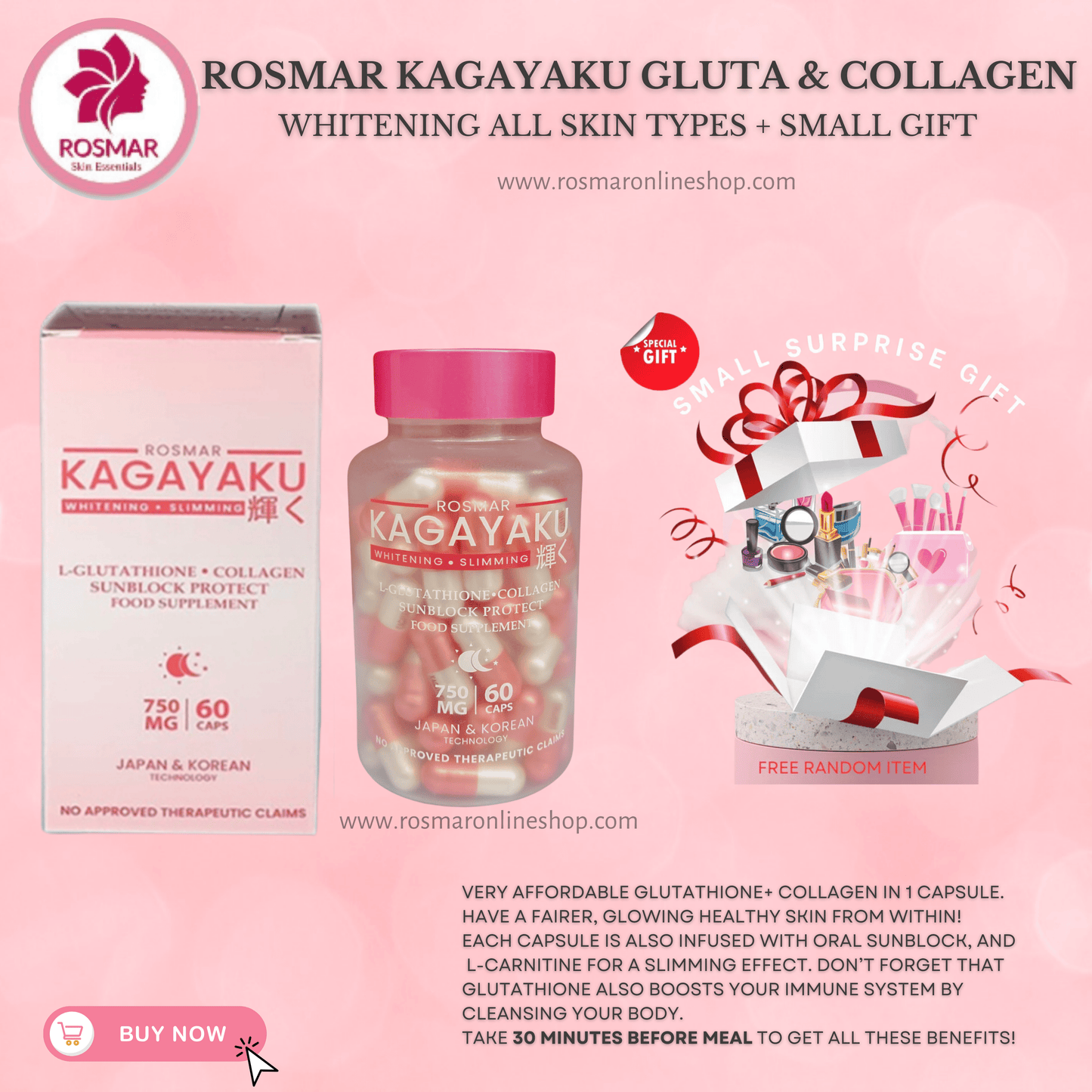 #1 BEST SELLER ROSMAR KAGAYAKU CAPS Gluta , Collagen & Oral Sunblock 750mg 60 Rosmar Online Shop 1 BOX + 1 FREE GIFT