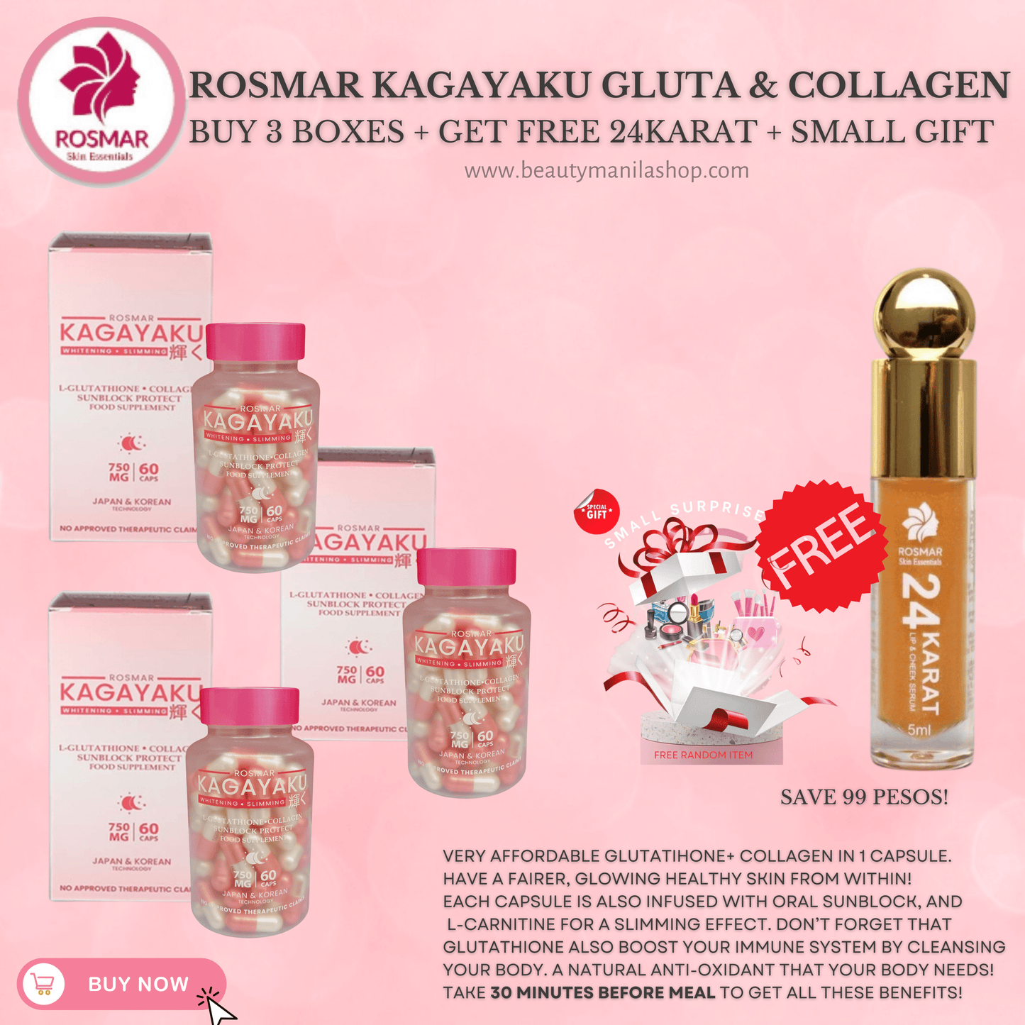 #1 BEST SELLER ROSMAR KAGAYAKU CAPS Gluta , Collagen & Oral Sunblock 750mg 60 Rosmar Online Shop