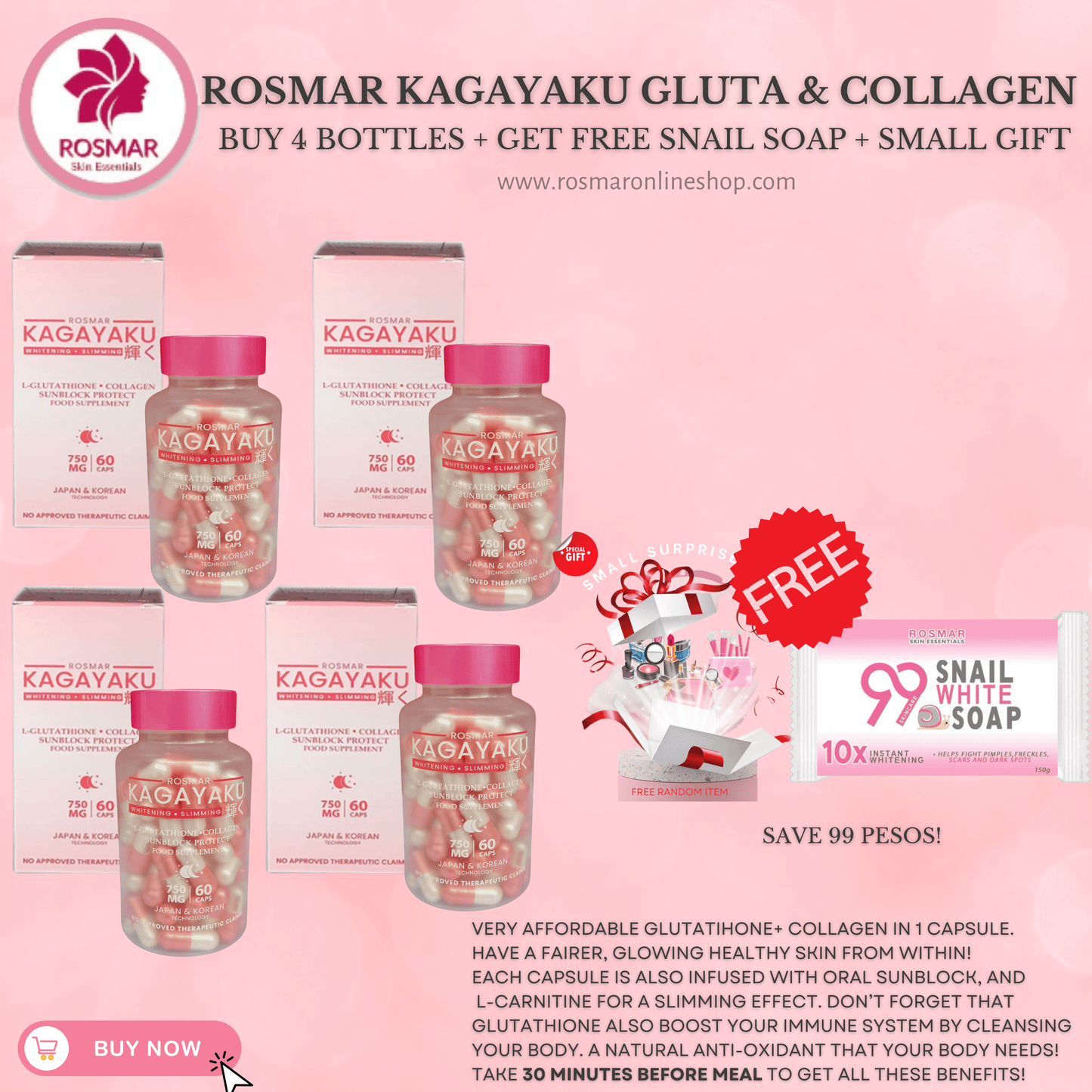 #1 BEST SELLER ROSMAR KAGAYAKU CAPS Gluta , Collagen & Oral Sunblock 750mg 60 Rosmar Online Shop