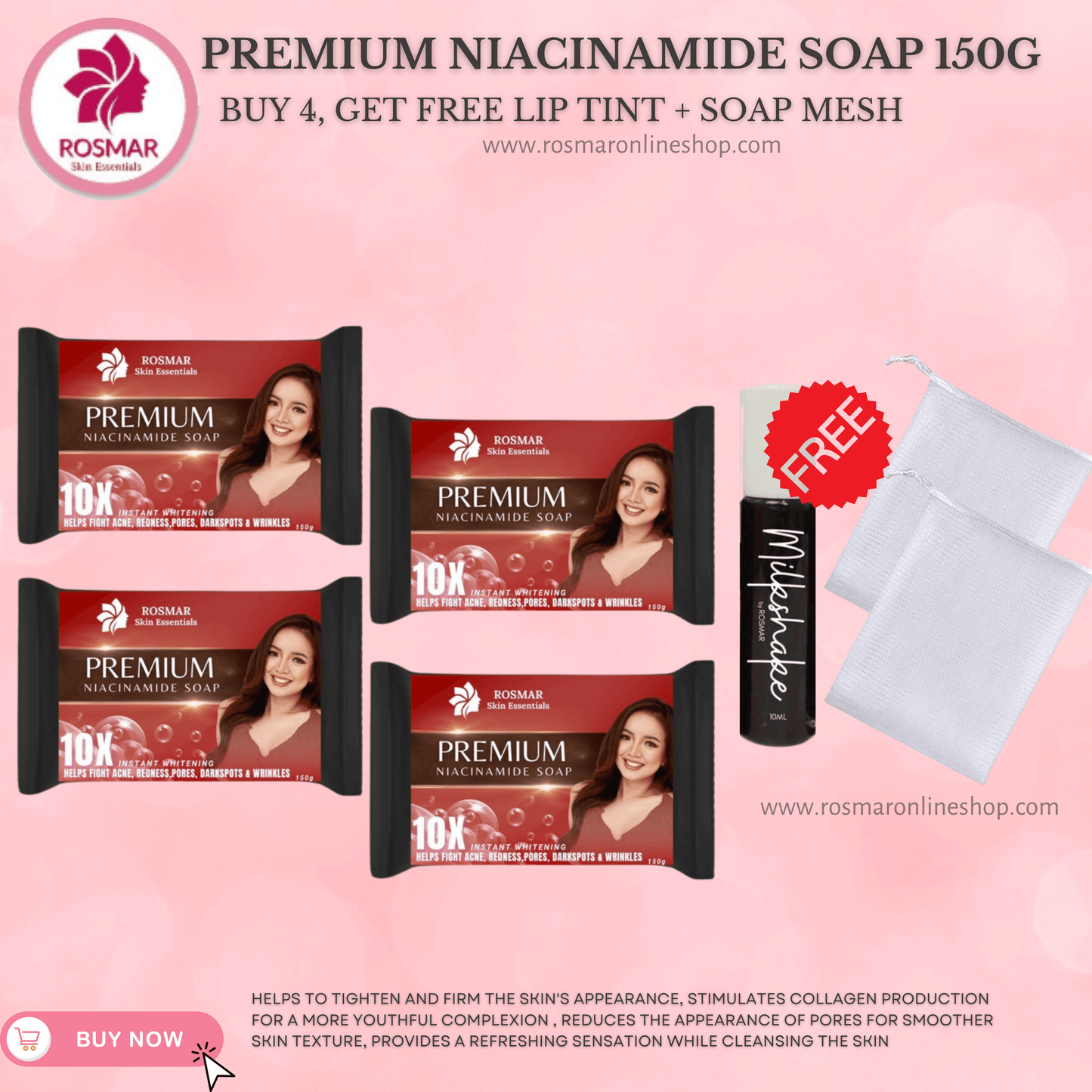100% AUTHENTIC NIACINAMIDE SOAP 150g ROSMAR PREMIUM QUALITY Rosmar Online Shop 4 PCS SOAP + FREE 1 MILKSHAKE + FREE 2PCS SOAP NET