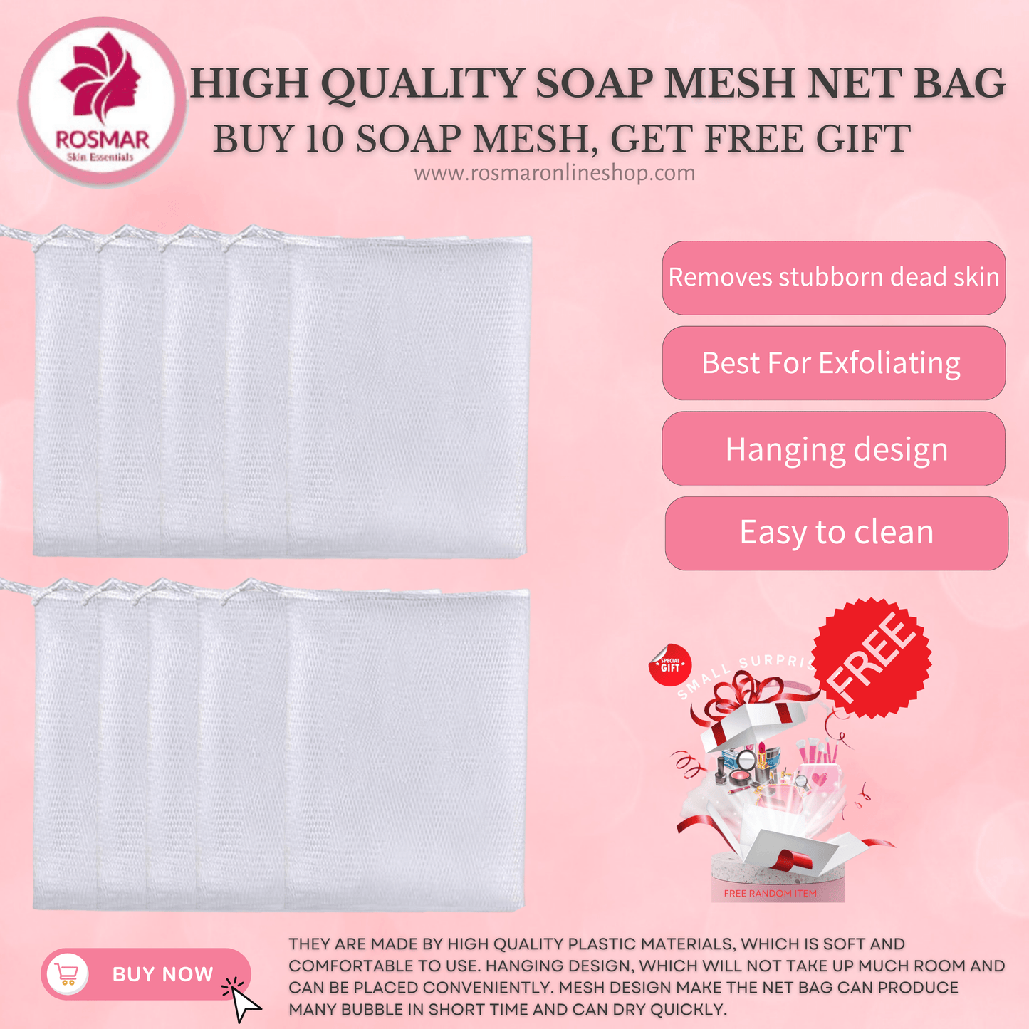 HIGH QUALITY SOAP MESH NET BAG FOR EXFOLIATING & HELPS REMOVE STUBBORN DEAD SKIN (CAN FIT FOR BIG SOAP, 150G) Rosmar Online Shop 10 PIECES + 1 FREE GIFT