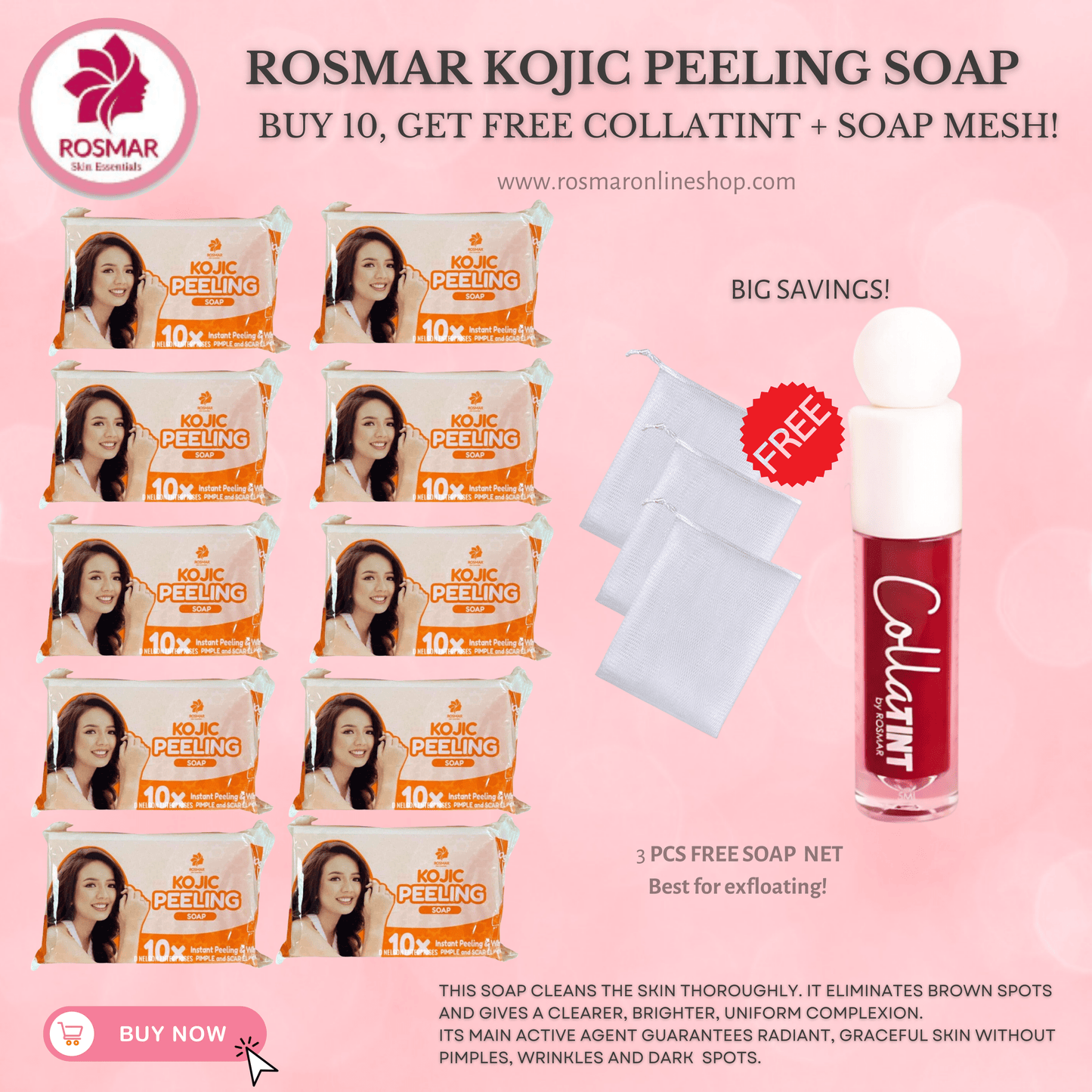 KOJIC PEELING SOAP 10X INSTANT PEELING & WHITENING ROSMAR Rosmar Online Shop 10 PCS SOAP + GET FREE COLLATINT + SOAP MESH