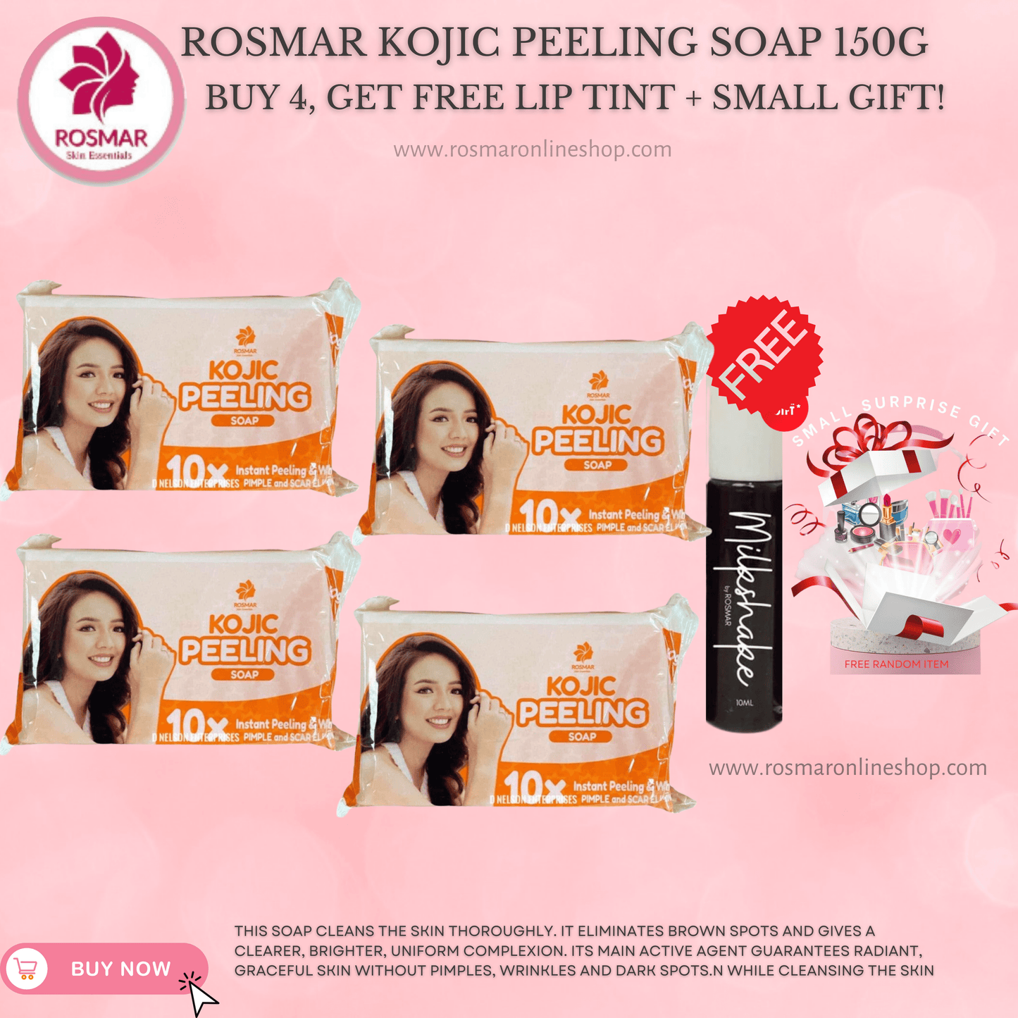 KOJIC PEELING SOAP 10X INSTANT PEELING & WHITENING ROSMAR Rosmar Online Shop 4 PCS SOAP + FREE GIFT + FREE MILKSHAKE