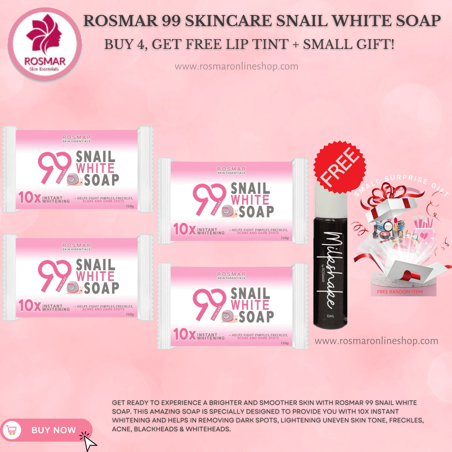 ROSMAR 99 Skincare Snail White Soap 150g - 1 Bar | Whitening Whipped Soap Rosmar Online Shop 4 PCS SOAP + FREE GIFT + GET FREE MILKSHAKE