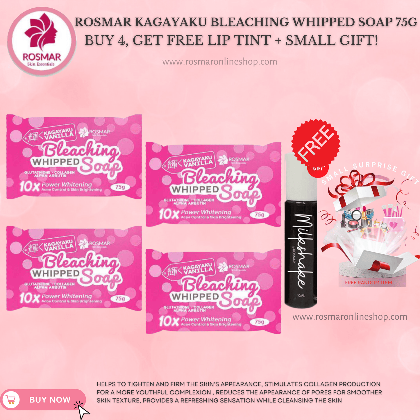 Rosmar Kagayaku Bleaching Whipped Soap 75g NEW PACKAGING (per piece) Rosmar Online Shop 4 PCS SOAP (75G) + FREE GIFT + GET FREE MILKSHAKE