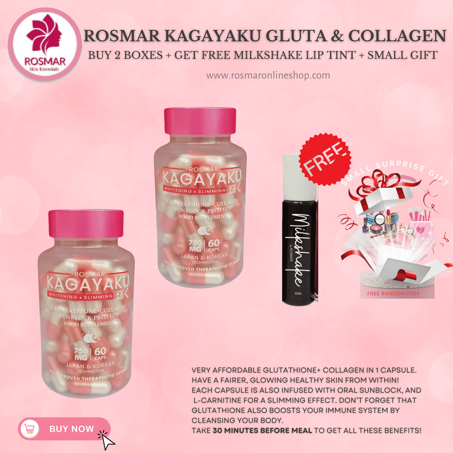 Rosmar Kagayaku Caps 60 Caps | Whitening & Slimming | Gluta , Collagen & Oral Sun Rosmar Online Shop 2 BOXES + FREE MILKSHAKE + 1 FREE GIFT