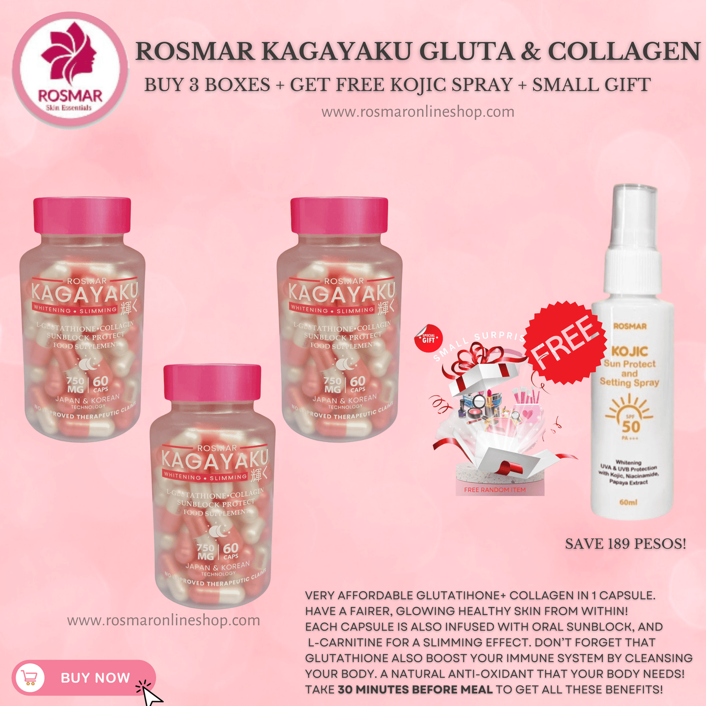 Rosmar Kagayaku Caps 60 Caps | Whitening & Slimming | Gluta , Collagen & Oral Sun Rosmar Online Shop 3 BOXES + FREE GIFT + FREE KOJIC SPRAY