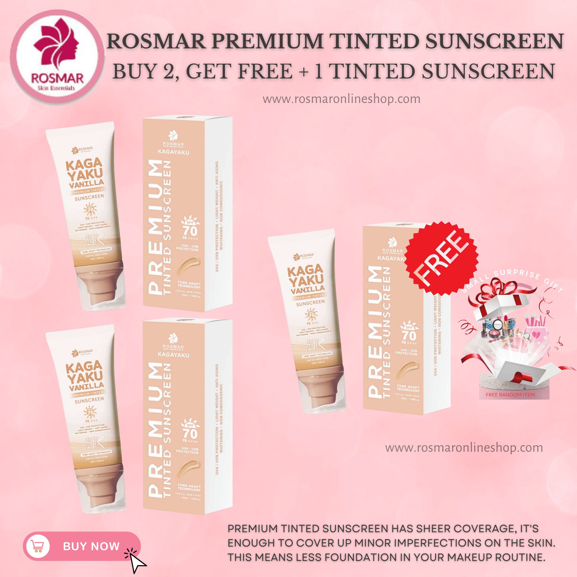 Rosmar Kagayaku Premium Tinted Sunscreen SPF 70 PA ++++ Rosmar Online Shop BUY 2 GET FREE + 1 TINTED SUNSCREEN