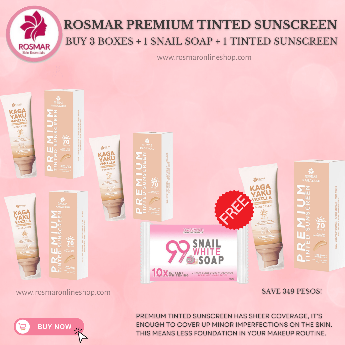 Rosmar Kagayaku Premium Tinted Sunscreen SPF 70 PA ++++ Rosmar Online Shop BUY 3 + GET 1 SNAIL SOAP + TINTED SUNSCREEN