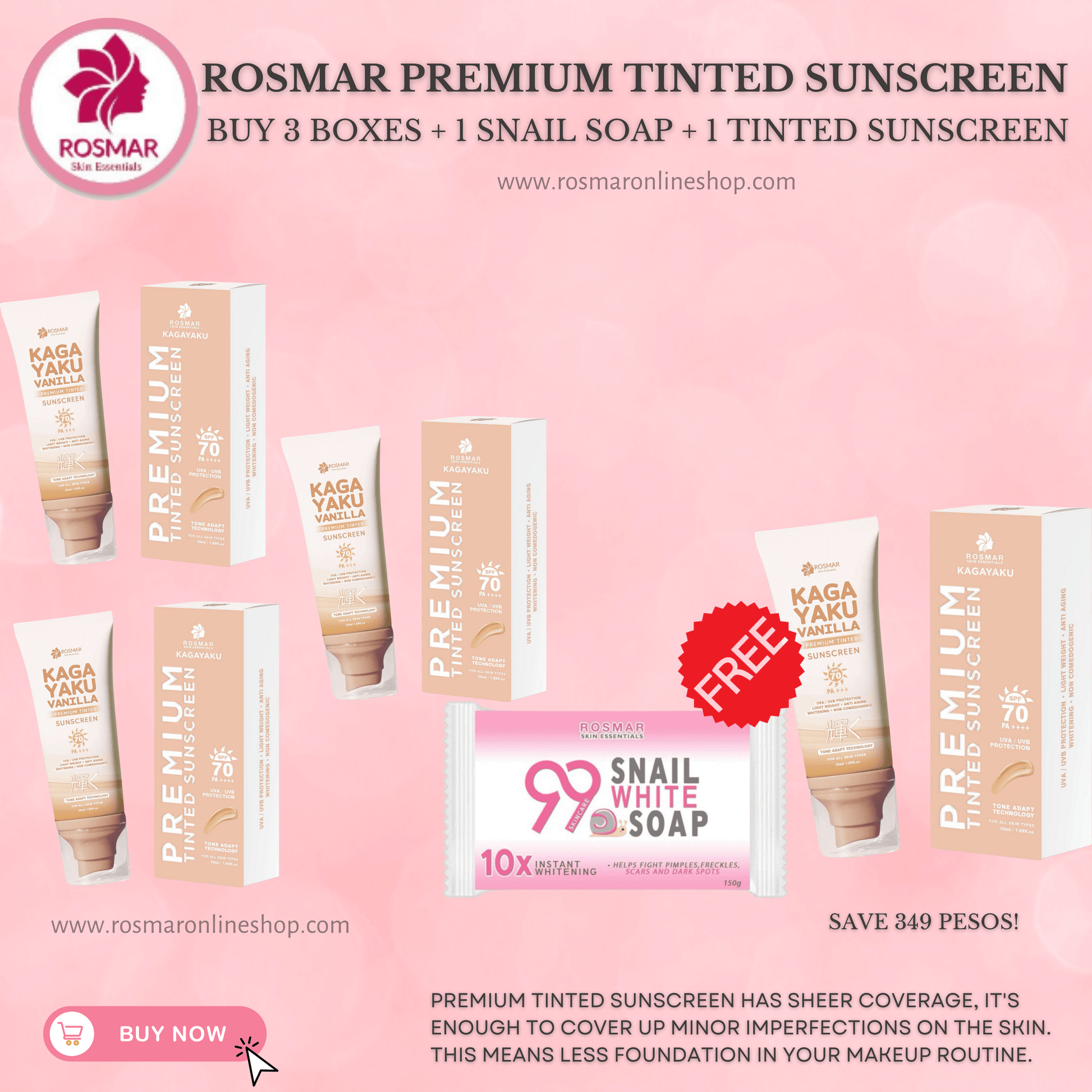 Rosmar Kagayaku Premium Tinted Sunscreen SPF 70 PA ++++ Rosmar Online Shop BUY 3 + GET 1 SNAIL SOAP + TINTED SUNSCREEN