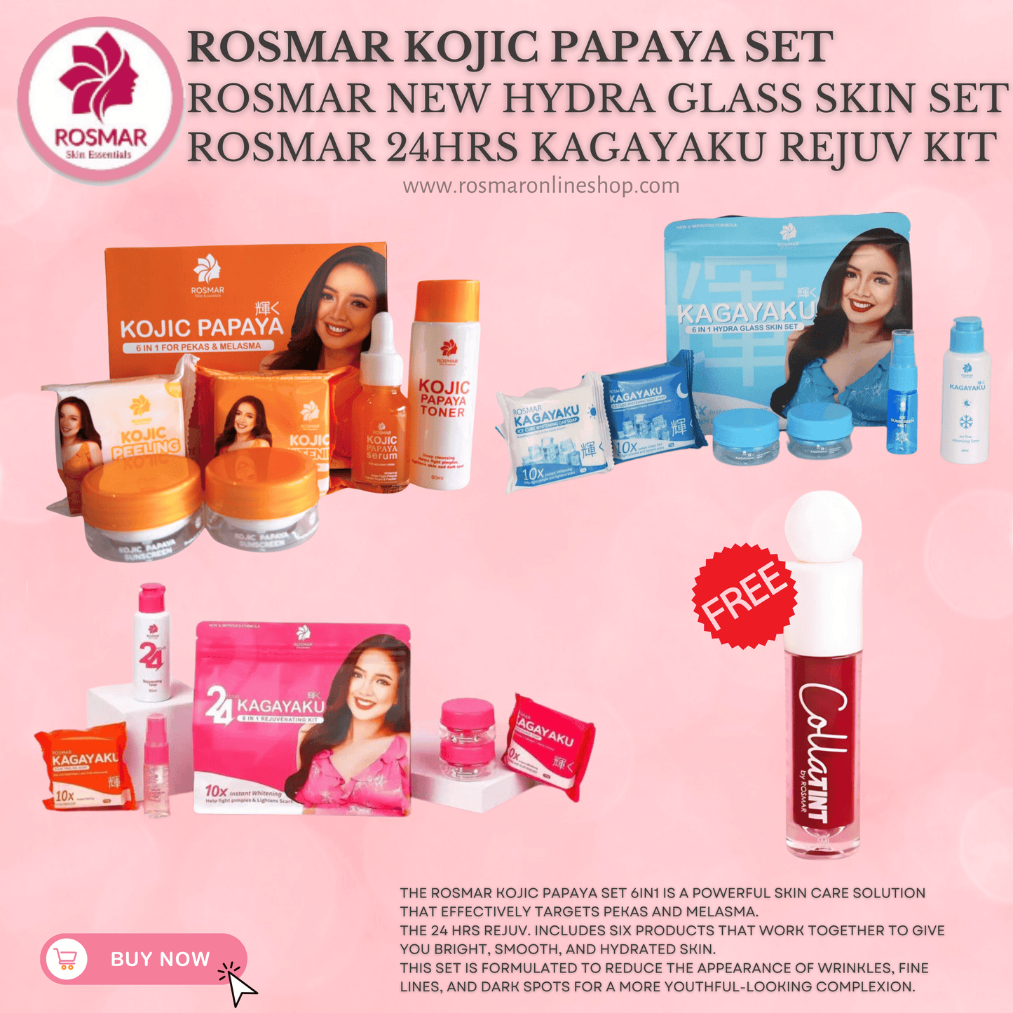 ROSMAR KOJIC PAPAYA SET 6IN1 FOR PEKAS & MELASMA,DARK SPOTS REMOVAL & PIMPLES Rosmar Online Shop 1 PAPAYA SET + 1 HYDRA SET + REJUV SET + FREE COLLATINT