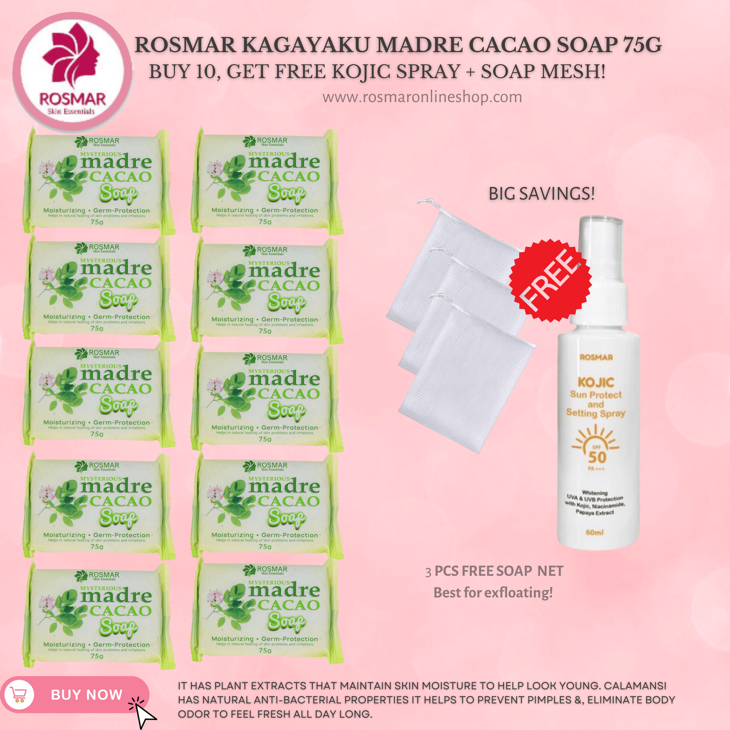 Rosmar Madre Cacao New Packaging 75grams Rosmar Online Shop 10 PCS SOAP (75g) + FREE KOJIC SPRAY + SOAP MESH
