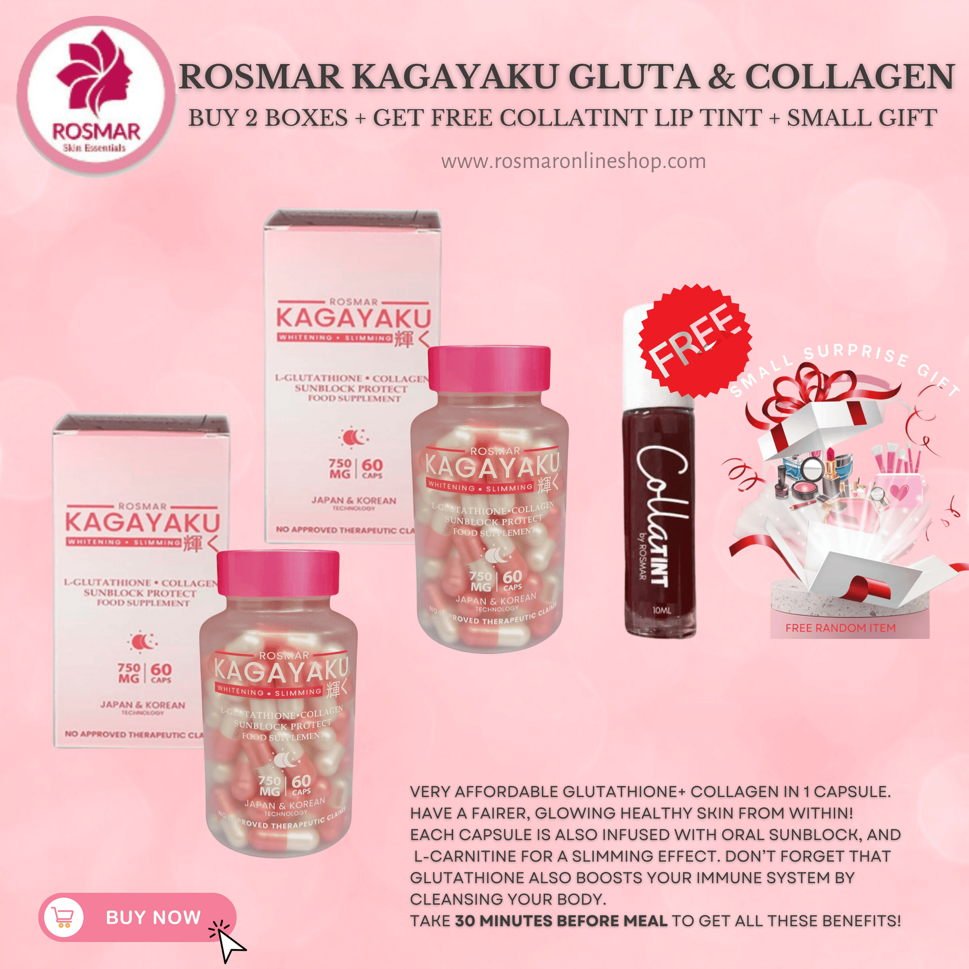 #1 BEST SELLER ROSMAR KAGAYAKU CAPS Gluta , Collagen & Oral Sunblock 750mg 60 Rosmar Online Shop 2 BOXES + FREE GIFT + FREE 1 COLLATINT