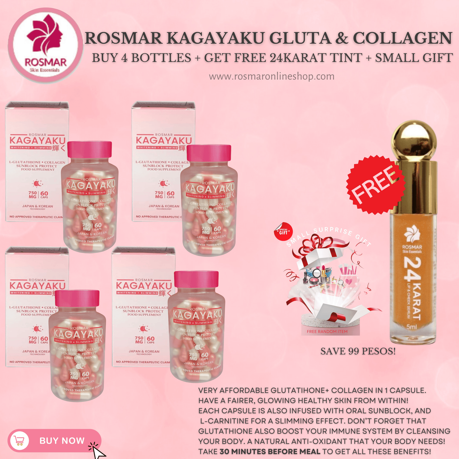 #1 BEST SELLER ROSMAR KAGAYAKU CAPS Gluta , Collagen & Oral Sunblock 750mg 60 Rosmar Online Shop 4 BOXES + FREE 1 24KARAT + 1 FREE GIFT