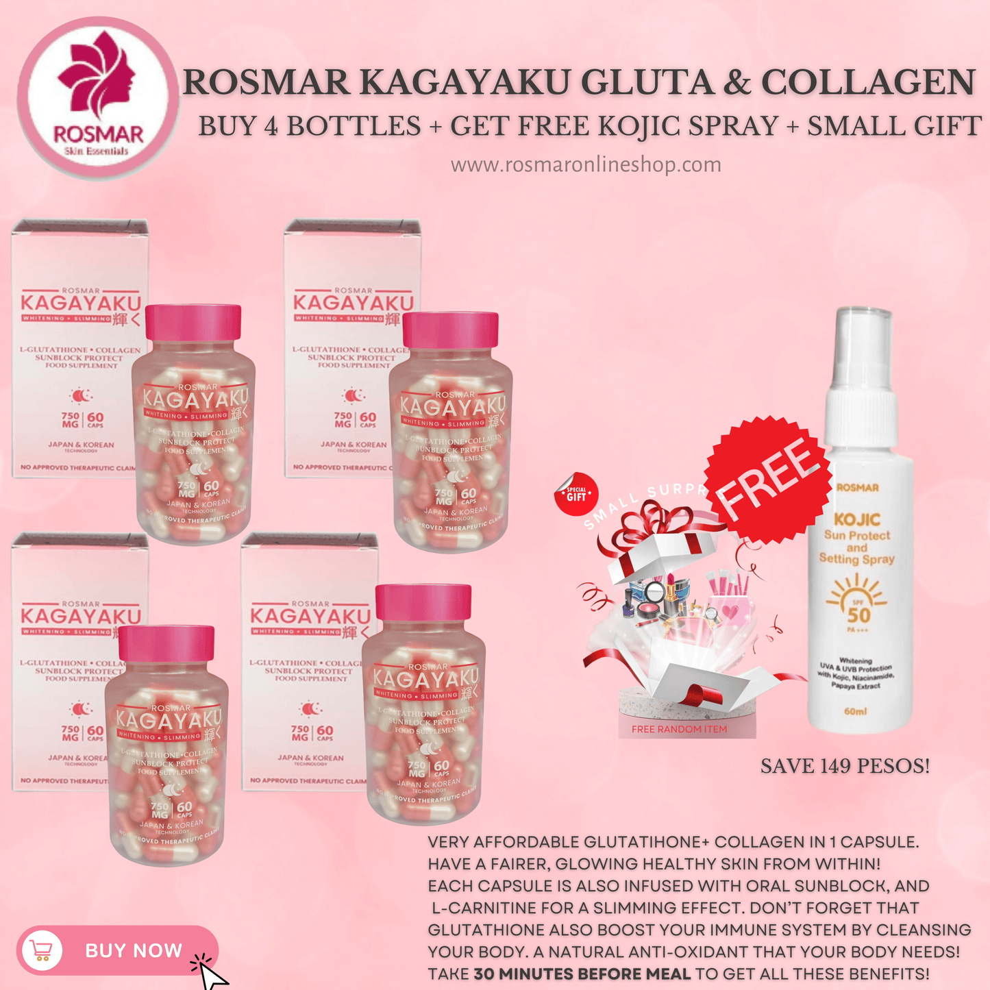 #1 BEST SELLER ROSMAR KAGAYAKU CAPS Gluta , Collagen & Oral Sunblock 750mg 60 Rosmar Online Shop 4 BOXES + FREE KOJIC SUN SPRAY  + 1 FREE GIFT