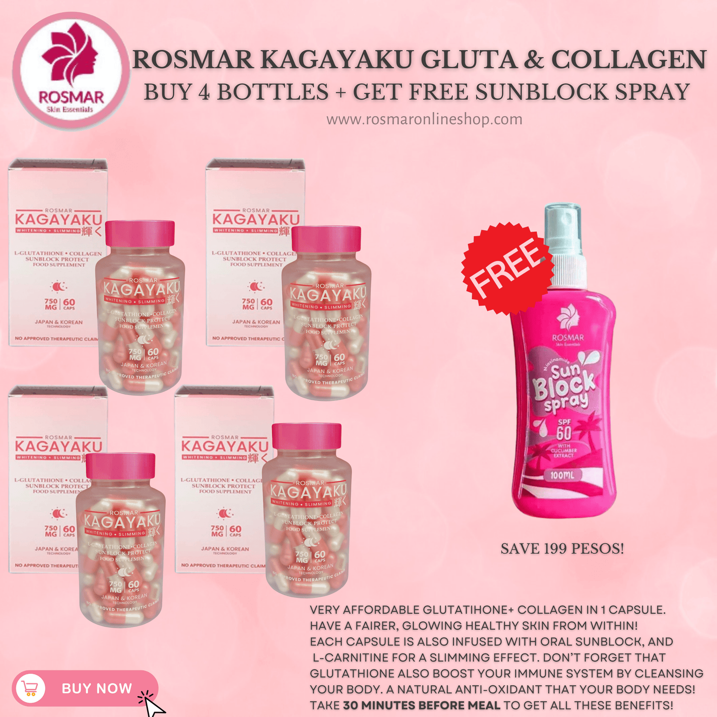 #1 BEST SELLER ROSMAR KAGAYAKU CAPS Gluta , Collagen & Oral Sunblock 750mg 60 Rosmar Online Shop
