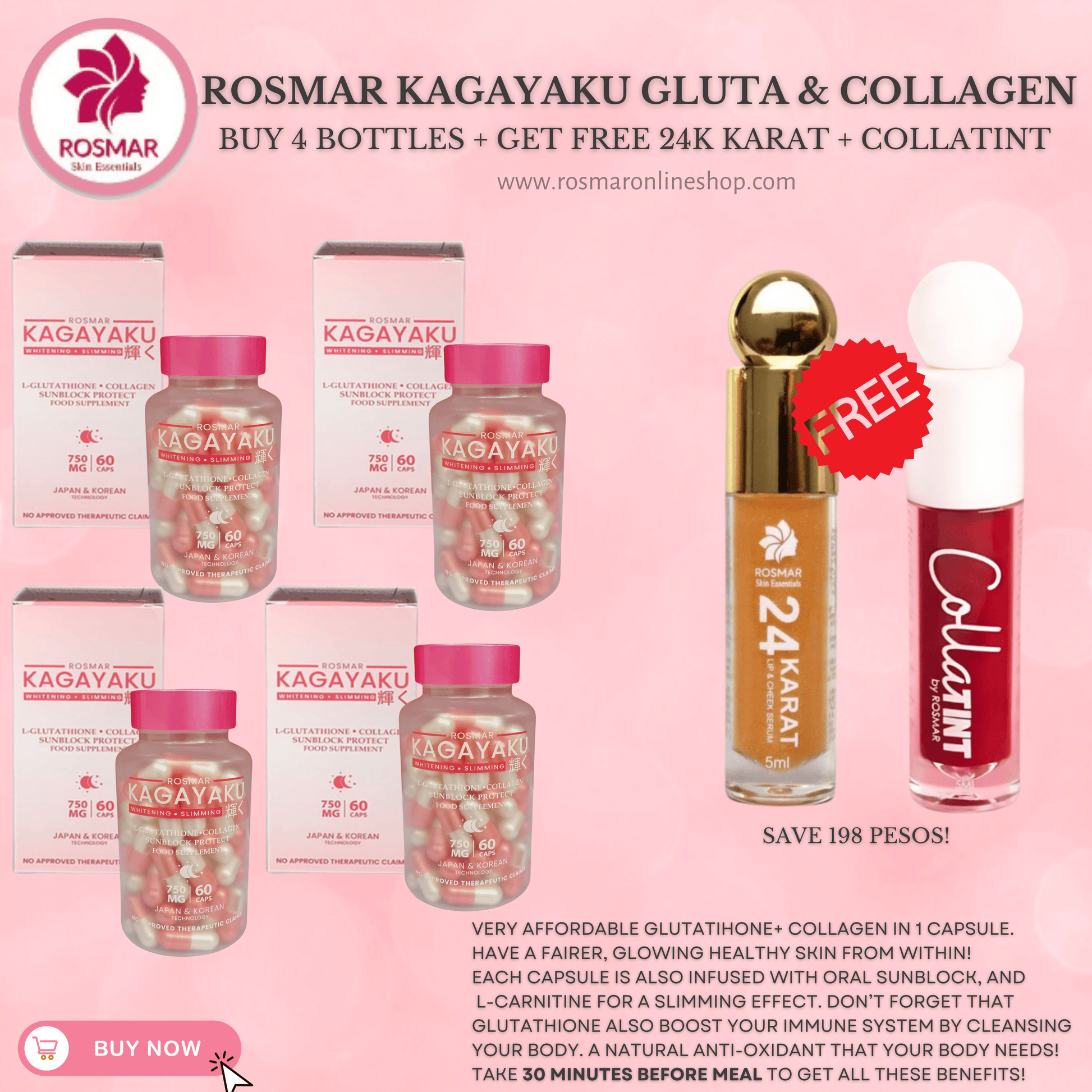 #1 BEST SELLER ROSMAR KAGAYAKU CAPS Gluta , Collagen & Oral Sunblock 750mg 60 Rosmar Online Shop