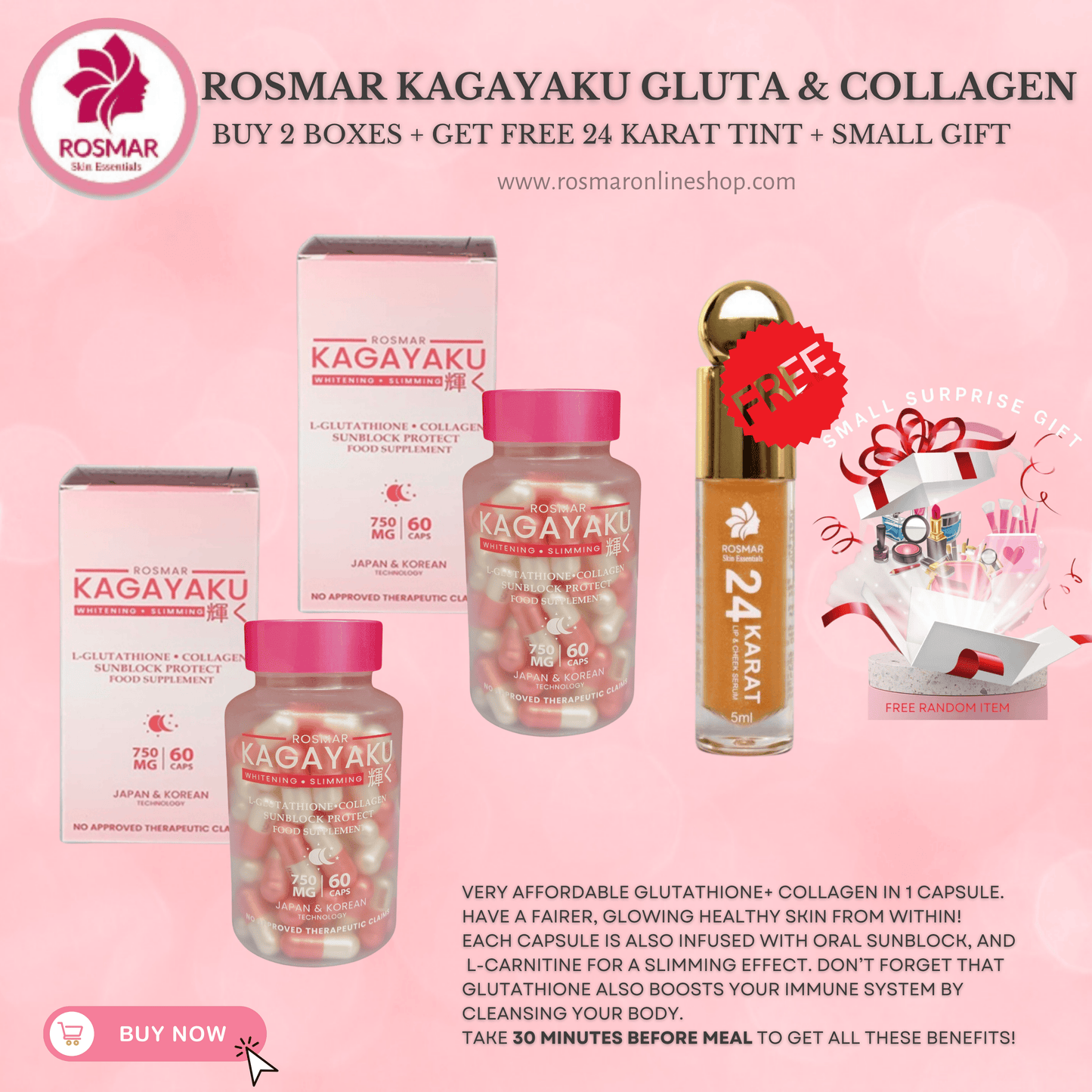 #1 BEST SELLER ROSMAR KAGAYAKU CAPS Gluta , Collagen & Oral Sunblock 750mg 60 Rosmar Online Shop
