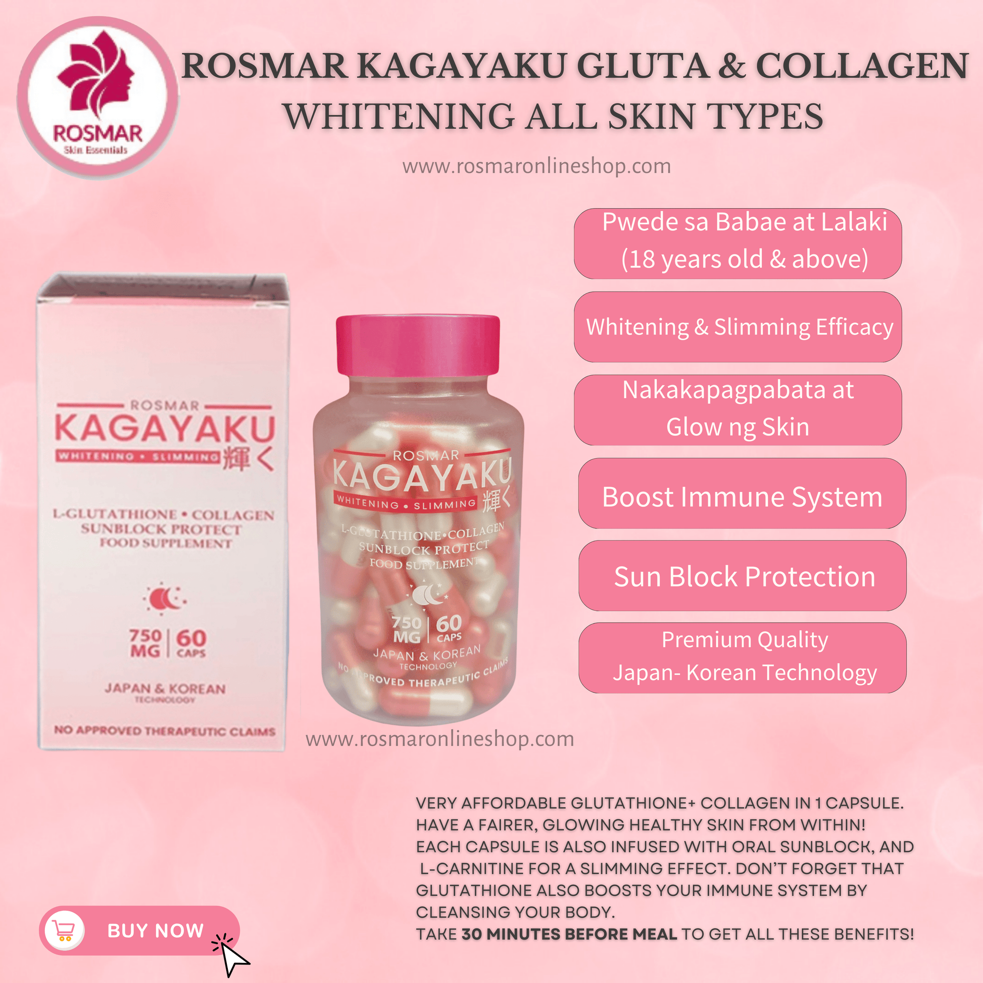 kagayaku glutathione 1 BEST SELLER ROSMAR KAGAYAKU CAPS Gluta , Collagen & Oral Sunblock 7 – Rosmar Online Shop
