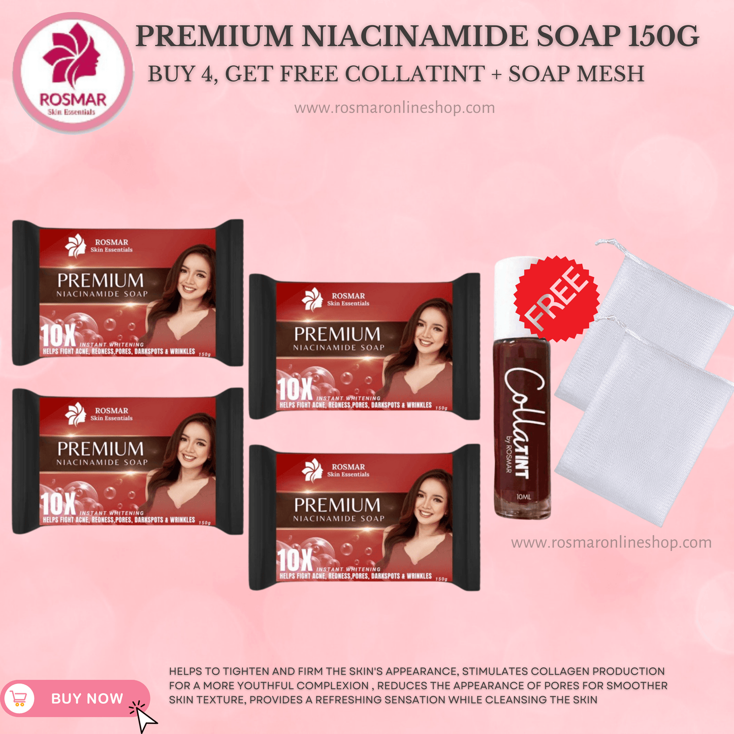 100% AUTHENTIC NIACINAMIDE SOAP 150g ROSMAR PREMIUM QUALITY Rosmar Online Shop 4 PCS SOAP + FREE 1 COLLATINT + FREE 2PCS SOAP NET