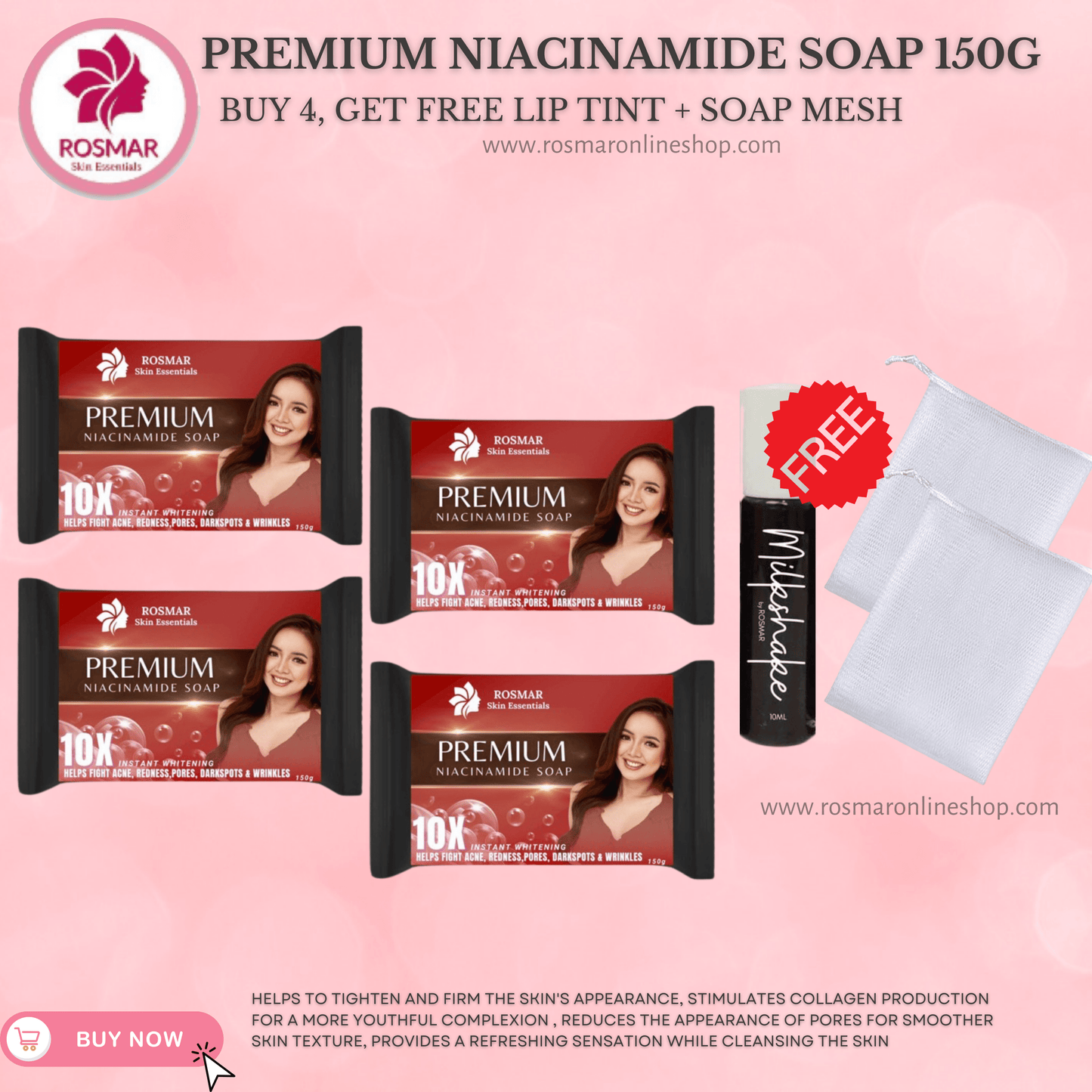 100% AUTHENTIC NIACINAMIDE SOAP 150g ROSMAR PREMIUM QUALITY Rosmar Online Shop 4 PCS SOAP + FREE 1 LIPTINT + FREE 2PCS SOAP NET