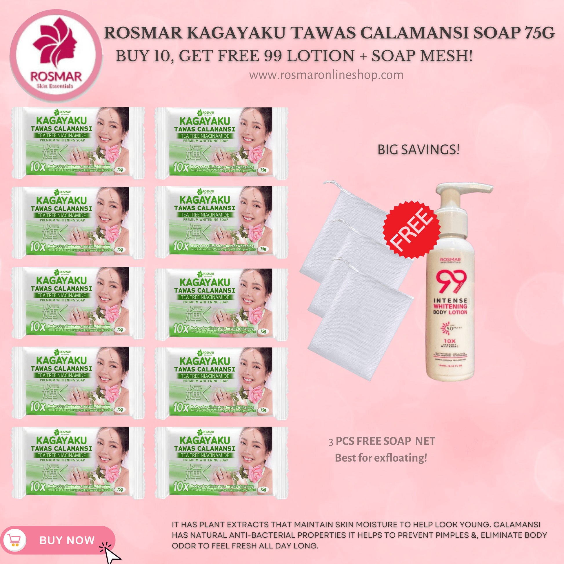 AUTHENTIC ROSMAR TAWAS CALAMANSI SOAP Rosmar Online Shop 10 PCS SOAP (75G) + 1PC 99 LOTION + FREE 3PCS SOAP NET