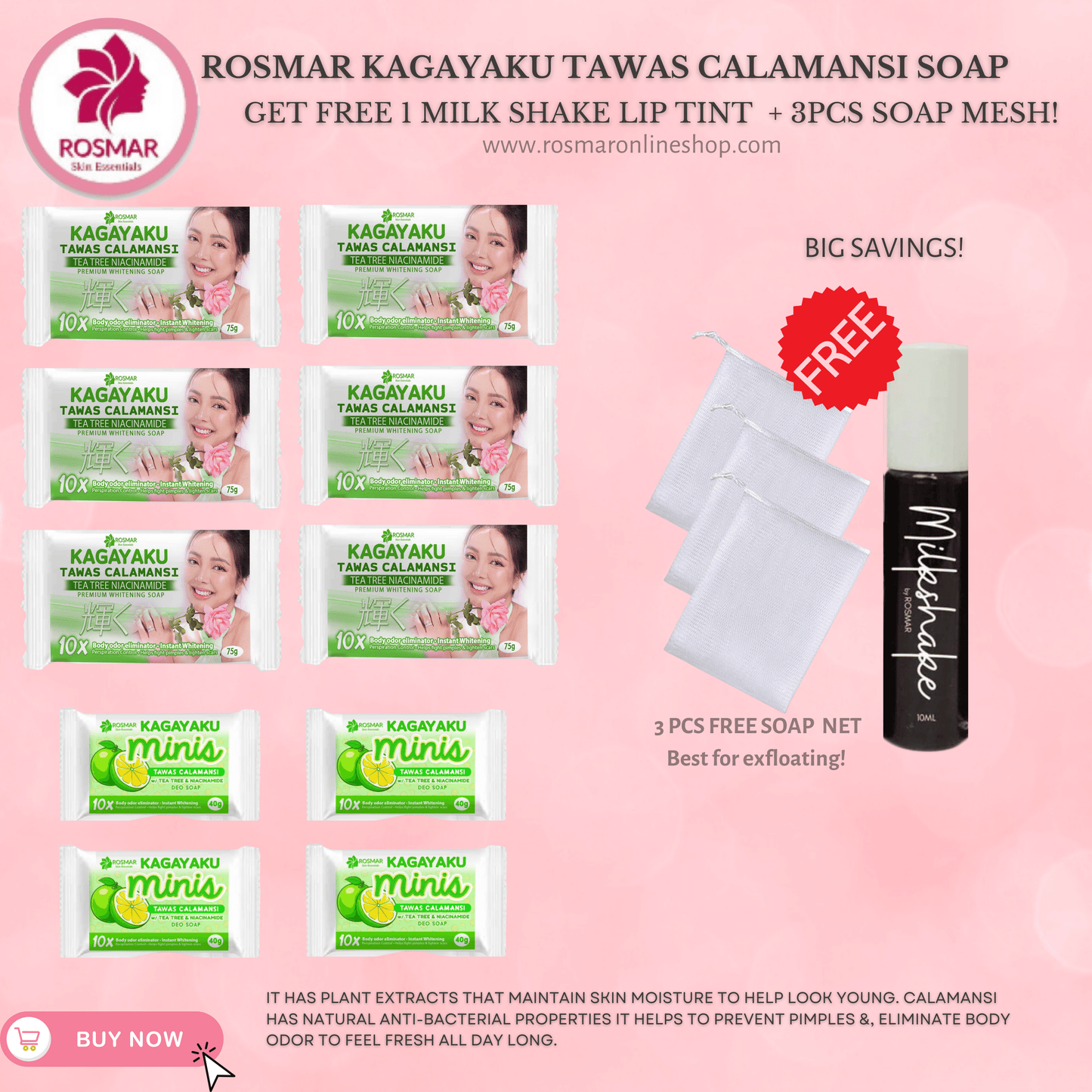 AUTHENTIC ROSMAR TAWAS CALAMANSI SOAP Rosmar Online Shop 6PCS SOAP (75G) + 4PCS SOAP (40G) + FREE 1 MILKSHAKE LIPTINT + FREE 3PCS SOAP NET