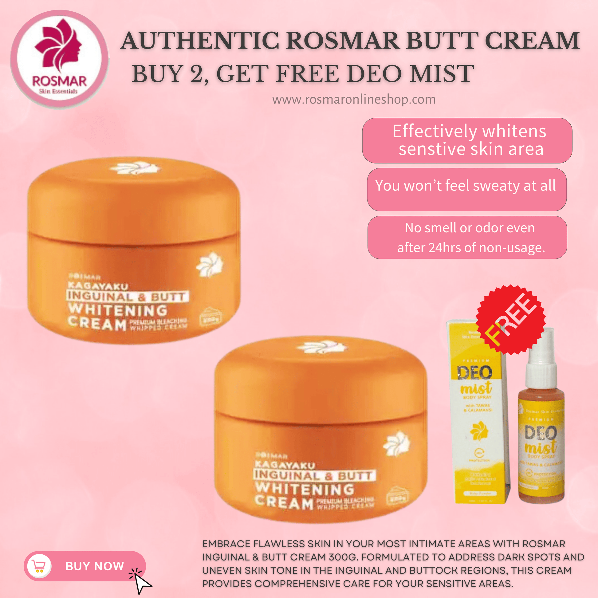 BEST SELLER Rosmar Inguinal Butt Cream, Underarm Whitening Cream And Deo Mist Rosmar Online Shop Inguinal Butt Cream + Inguinal Butt Cream with FREE Deo Mist