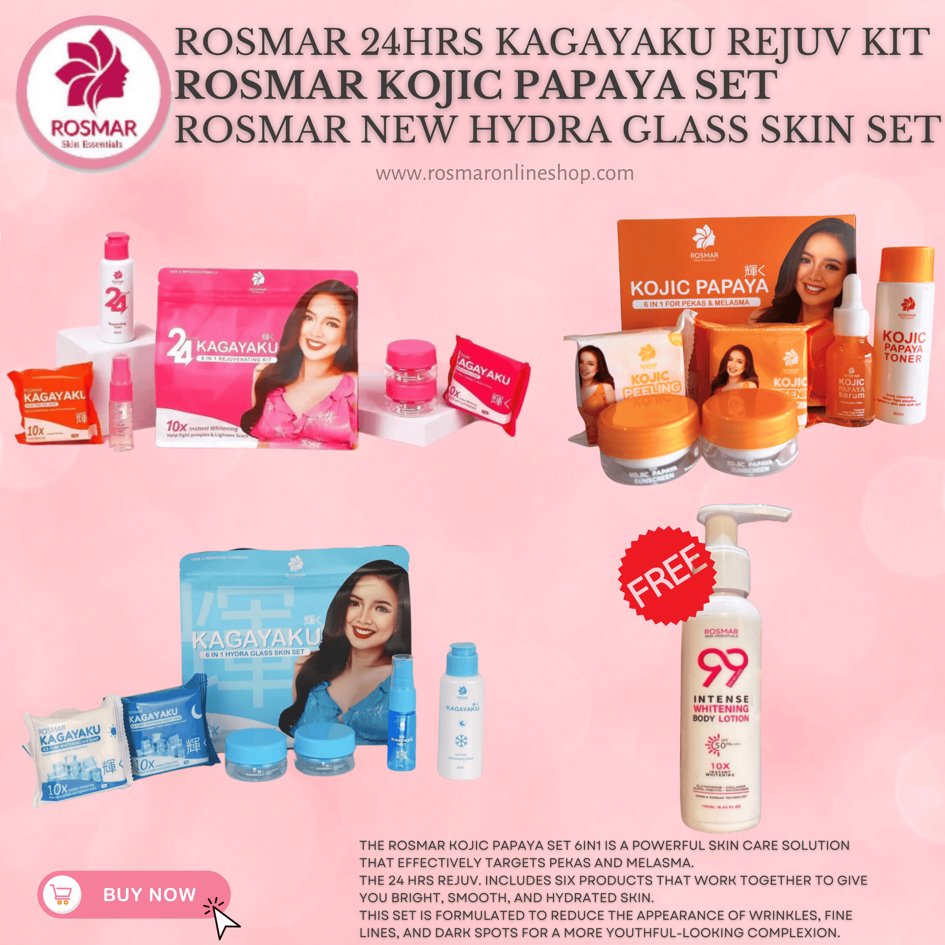 BEST SELLER SET! Rosmar REJUV - 24hrs Kagayaku Rejuvenating kit in 6in1 Pack Skincare Skin Repair Anti Aging Set Rosmar Online Shop 1 REJUV SET + 1 HYDRA SET + 1 PAPAYA SET + FREE 99 LOTION