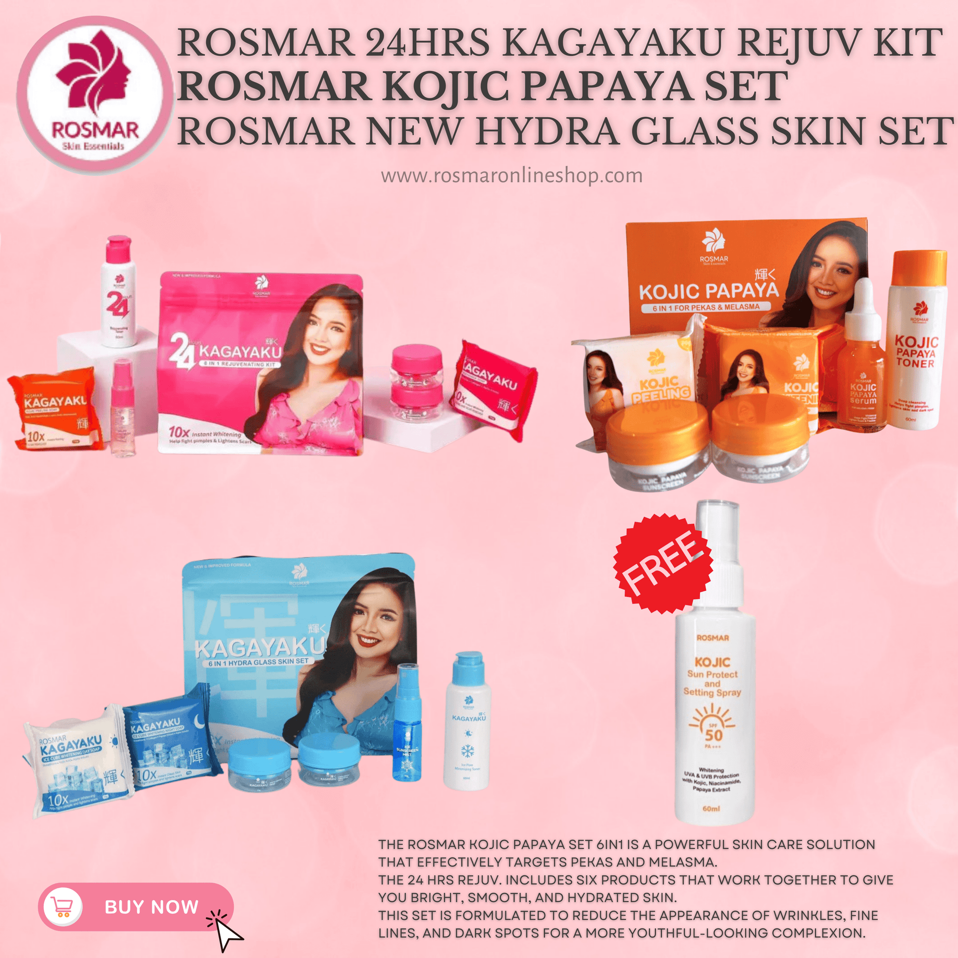 BEST SELLER SET! Rosmar REJUV - 24hrs Kagayaku Rejuvenating kit in 6in1 Pack Skincare Skin Repair Anti Aging Set Rosmar Online Shop 1 REJUV SET + 1 PAPAYA SET + 1 HYDRA SET + FREE KOJIC SPRAY