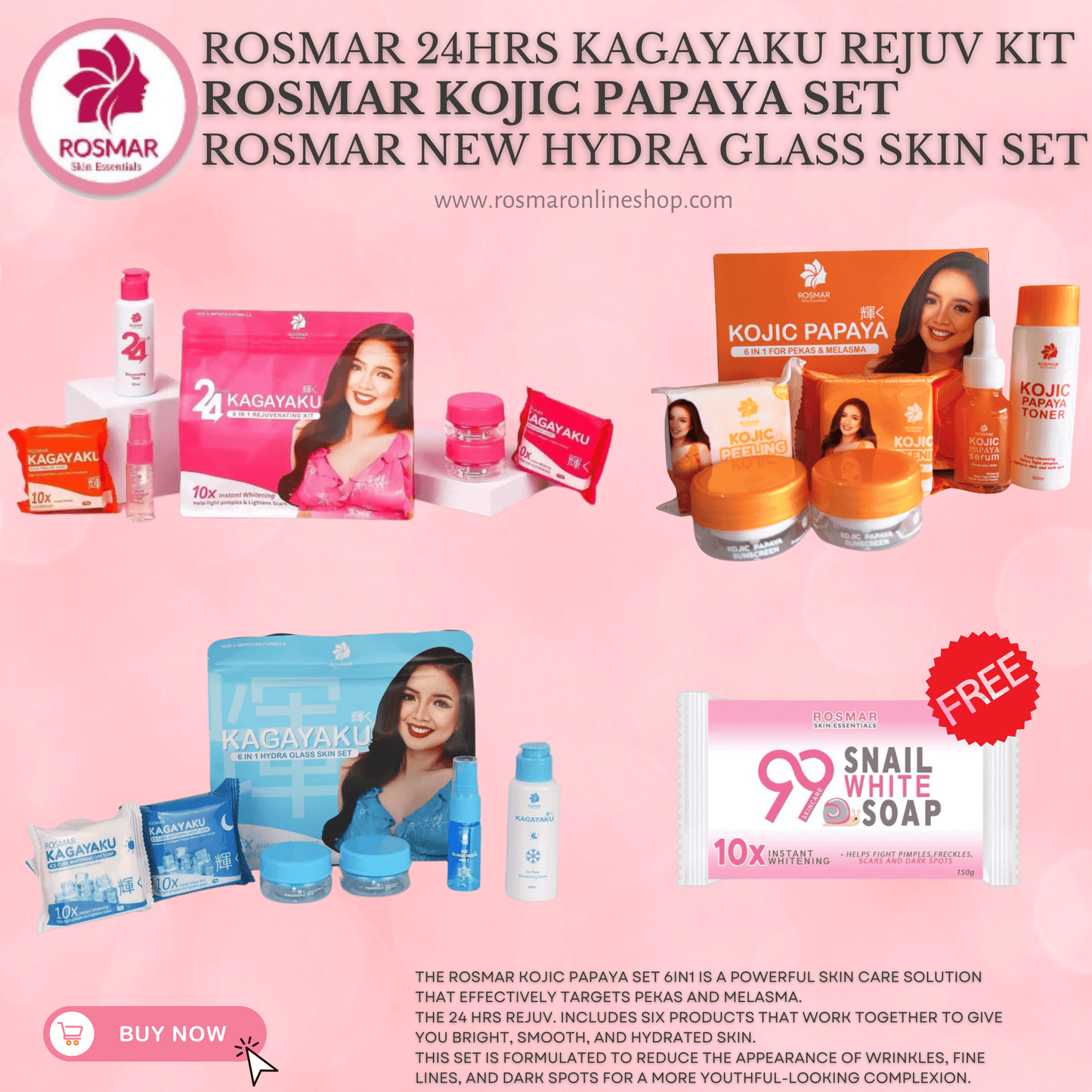 BEST SELLER SET! Rosmar REJUV - 24hrs Kagayaku Rejuvenating kit in 6in1 Pack Skincare Skin Repair Anti Aging Set Rosmar Online Shop 1 REJUV SET + 1 PAPAYA SET + 1 HYDRA SET + FREE SNAIL SOAP