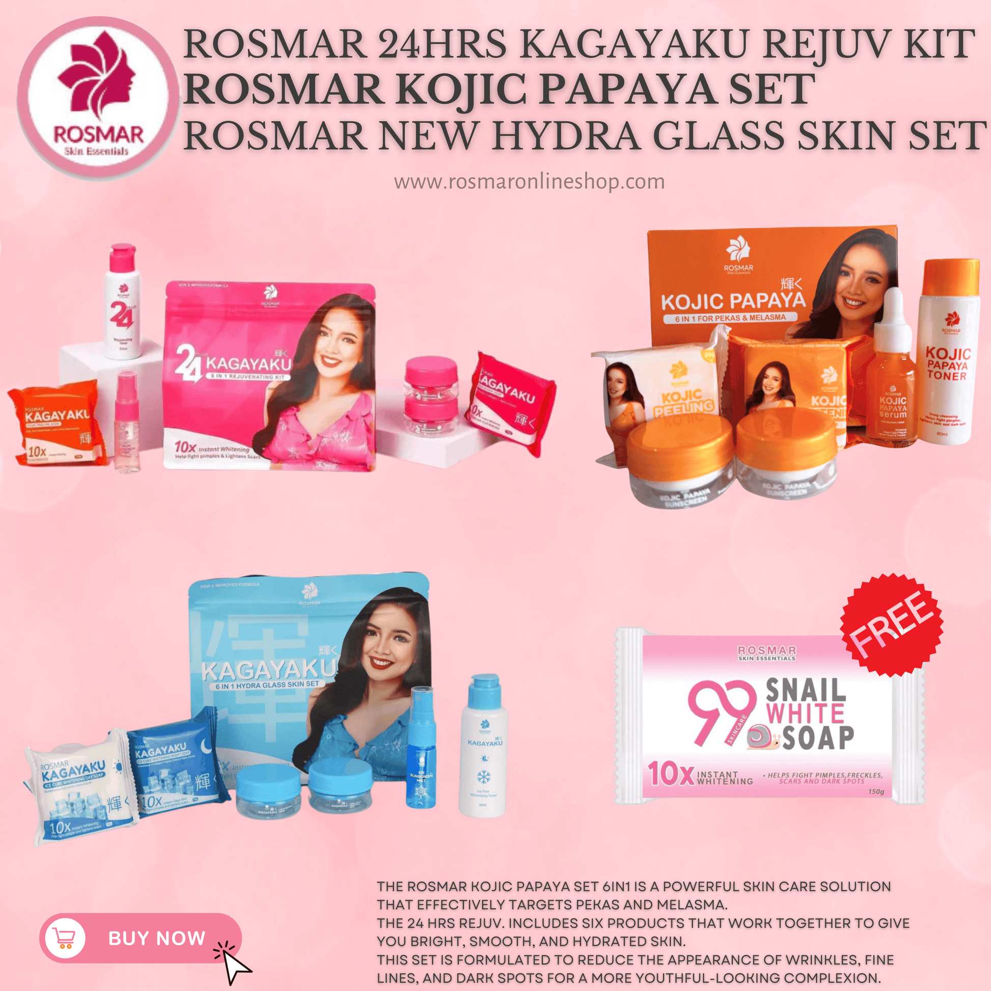 BEST SELLER SET! Rosmar REJUV - 24hrs Kagayaku Rejuvenating kit in 6in1 Pack Skincare Skin Repair Anti Aging Set Rosmar Online Shop 1 REJUV SET + 1 PAPAYA SET + 1 HYDRA SET + FREE SNAIL SOAP