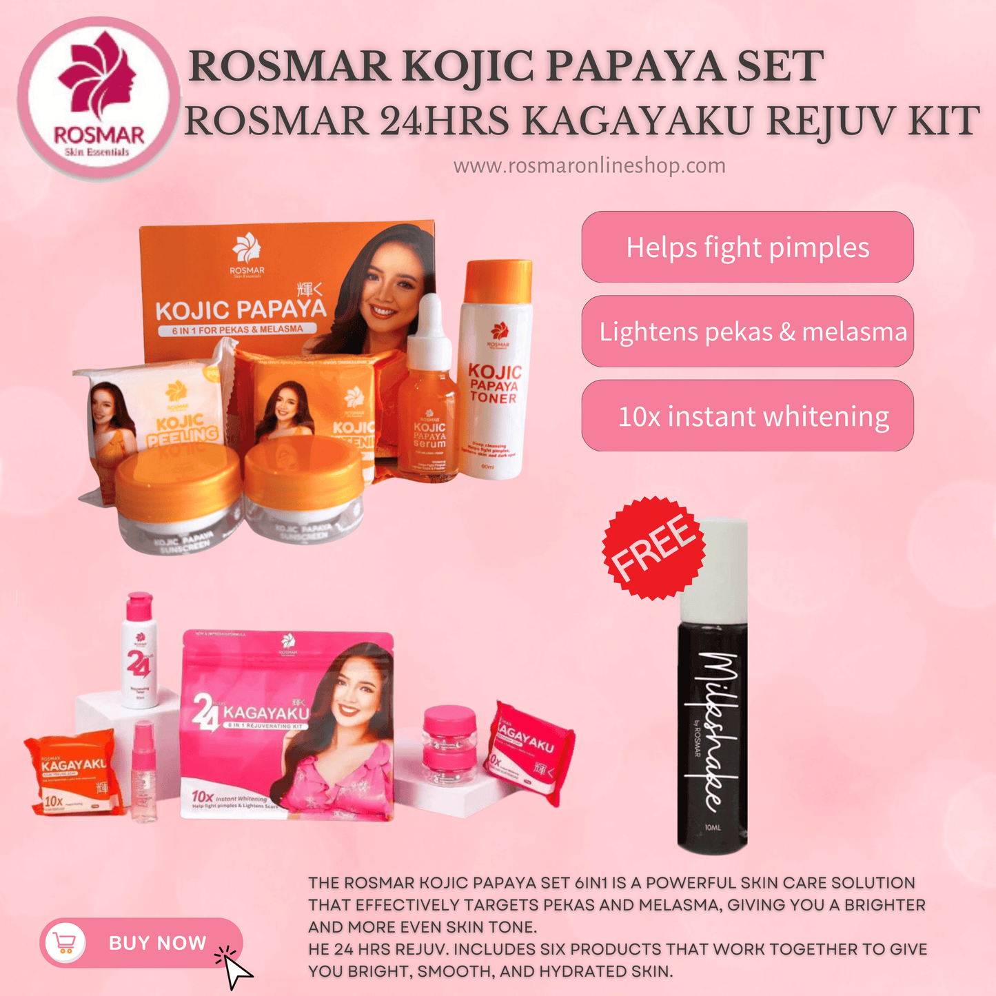 BEST SELLER SET! Rosmar REJUV - 24hrs Kagayaku Rejuvenating kit in 6in1 Pack Skincare Skin Repair Anti Aging Set Rosmar Online Shop 1 REJUV SET + 1 PAPAYA SET + FREE MILKSHAKE LIP TINT