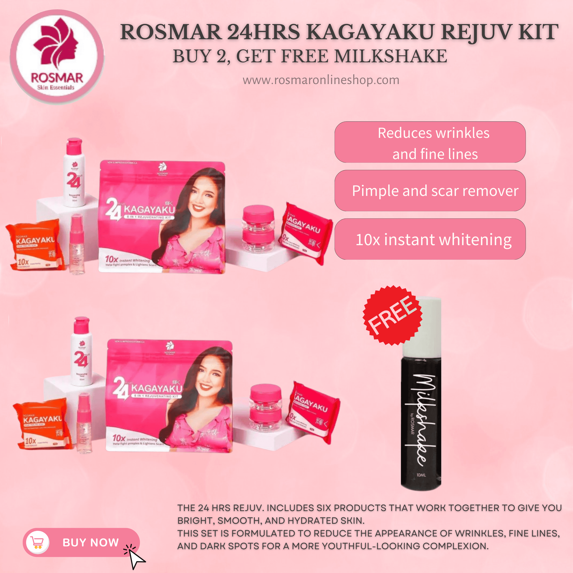 BEST SELLER SET! Rosmar REJUV - 24hrs Kagayaku Rejuvenating kit in 6in1 Pack Skincare Skin Repair Anti Aging Set Rosmar Online Shop 2 REJUV SET + FREE MILKSHAKE LIPTINT