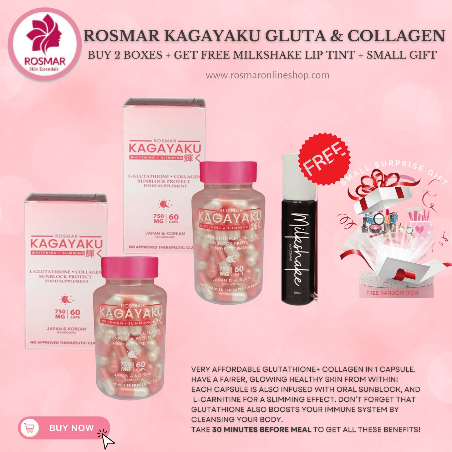 BEST SELLING KAGAYAKU (GLUTATHIONE + COLLAGEN + ORAL SUNBLOCK + SLIMMING) Rosmar Online Shop 2 BOXES + FREE MILKSHAKE LIP TINT + GET 1 FREE GIFT