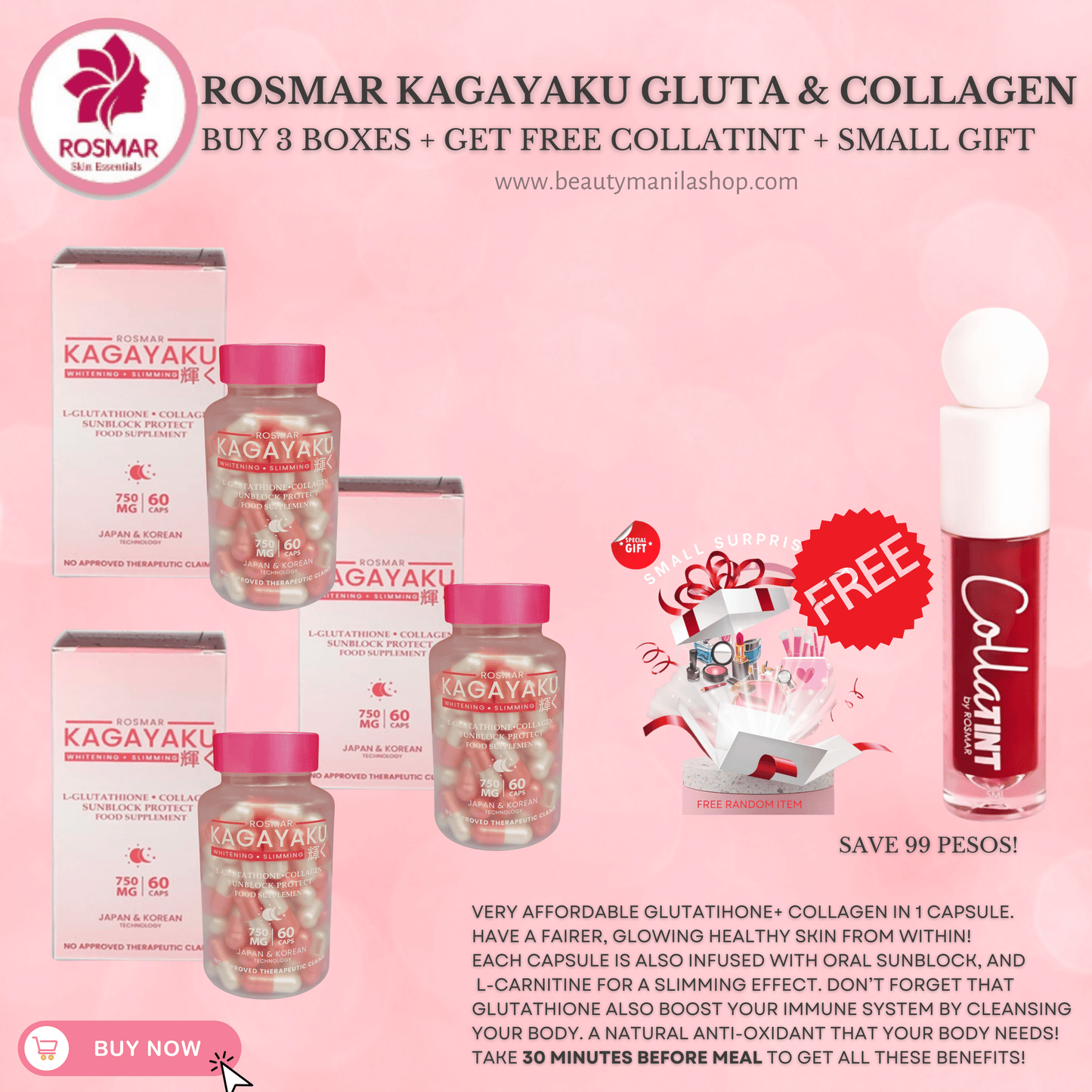 BEST SELLING KAGAYAKU (GLUTATHIONE + COLLAGEN + ORAL SUNBLOCK + SLIMMING) Rosmar Online Shop 3 BOXES + FREE COLLATINT + 1 FREE GIFT