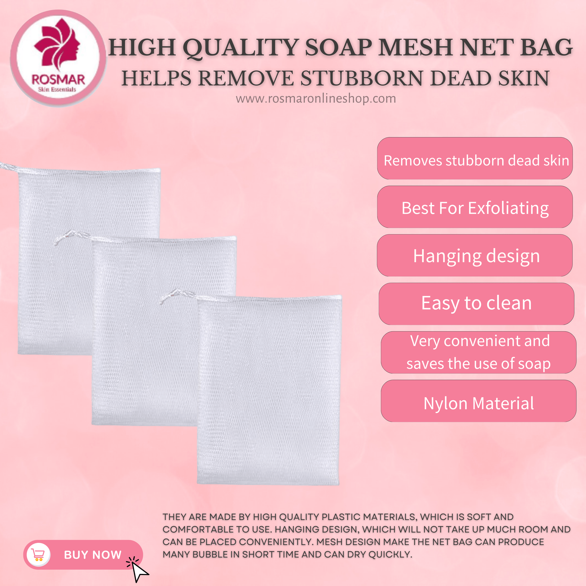 🎁 HIGH QUALITY SOAP MESH NET BAG FOR EXFOLIATING & HELPS REMOVE STUBBORN DEAD SKIN (CAN FIT FOR BIG SOAP, 150G) (100% off) Rosmar Online Shop 3 PIECES