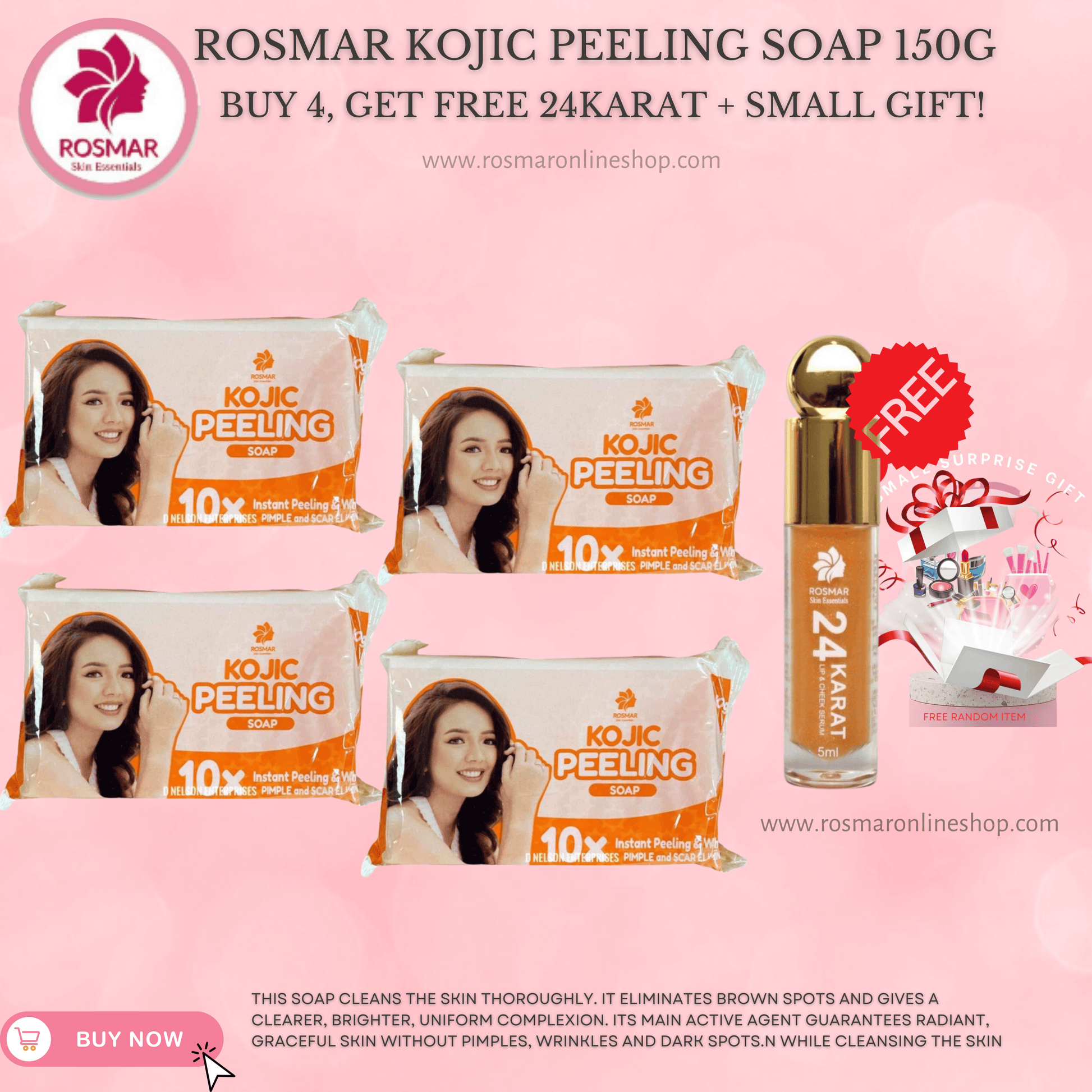 KOJIC PEELING SOAP 10X INSTANT PEELING & WHITENING ROSMAR Rosmar Online Shop 4 PCS SOAP + FREE GIFT + FREE  24KARAT