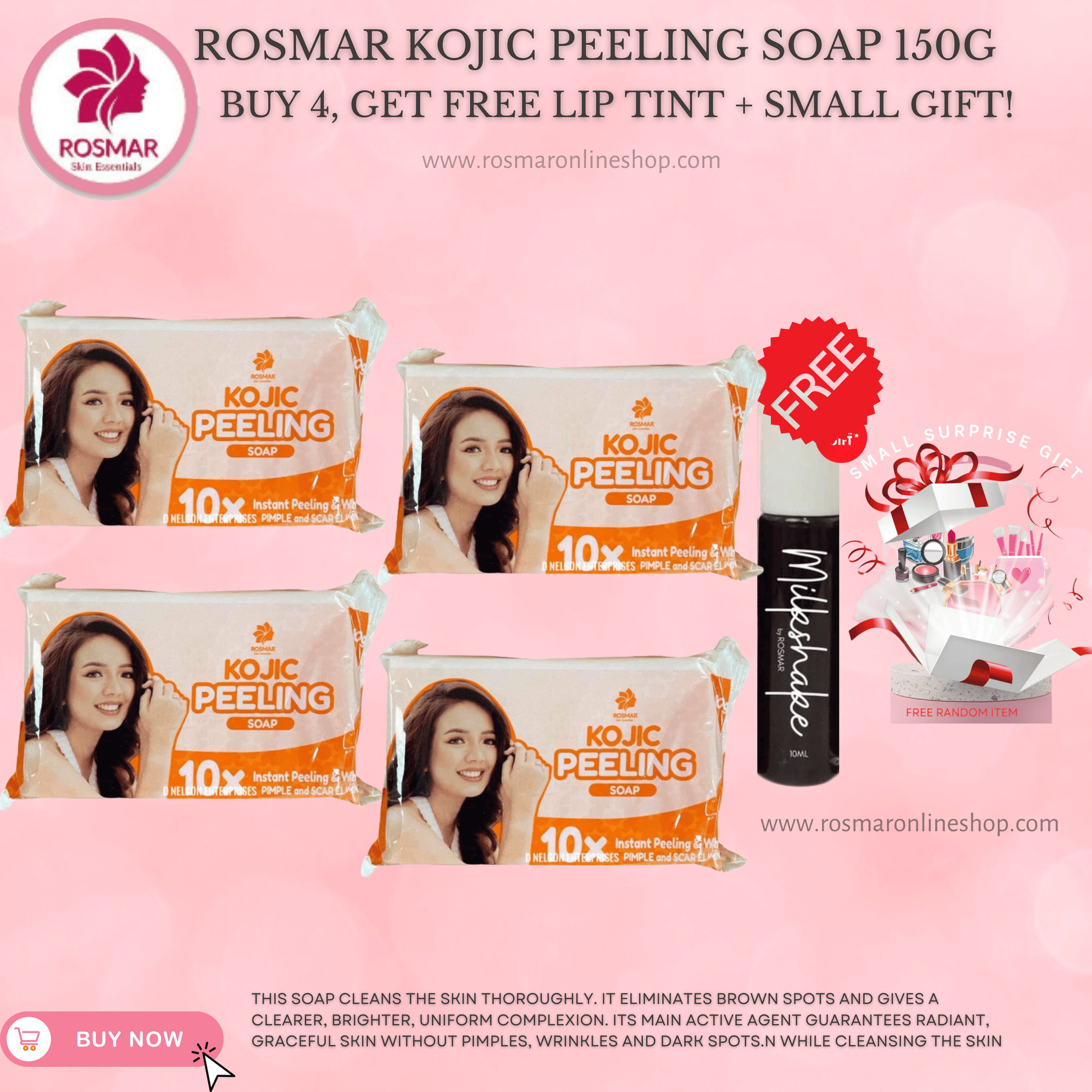 KOJIC PEELING SOAP 10X INSTANT PEELING & WHITENING ROSMAR Rosmar Online Shop 4 PCS SOAP + FREE GIFT + FREE MILKSHAKE