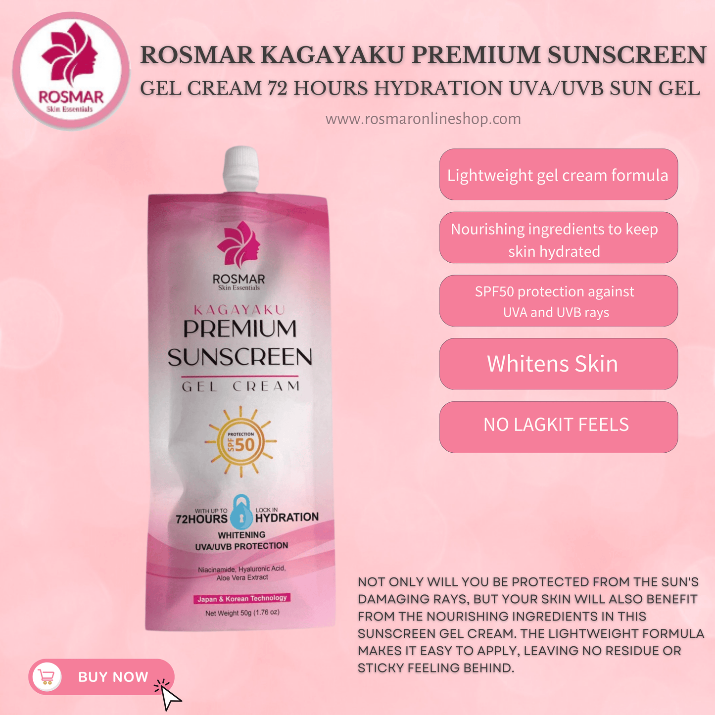 (LIMITED OFFER ONLY!) Premium Sunscreen Gel SPF50 50g Rosmar Kagayaku Rosmar Online Shop