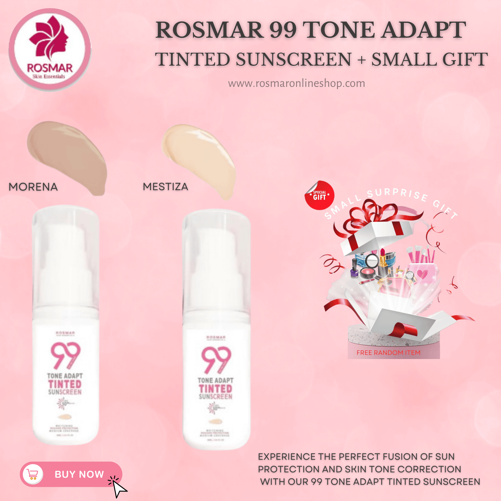 LIMITED PROMO ONLY! ROSMAR 99 TONE ADAPT TINTED SUNSCREEN SPF50+++ 30ml Rosmar Online Shop 2 PCS MIX (1 PC MESTIZA + 1PC MORENA ) + GET 1 FREE GIFT