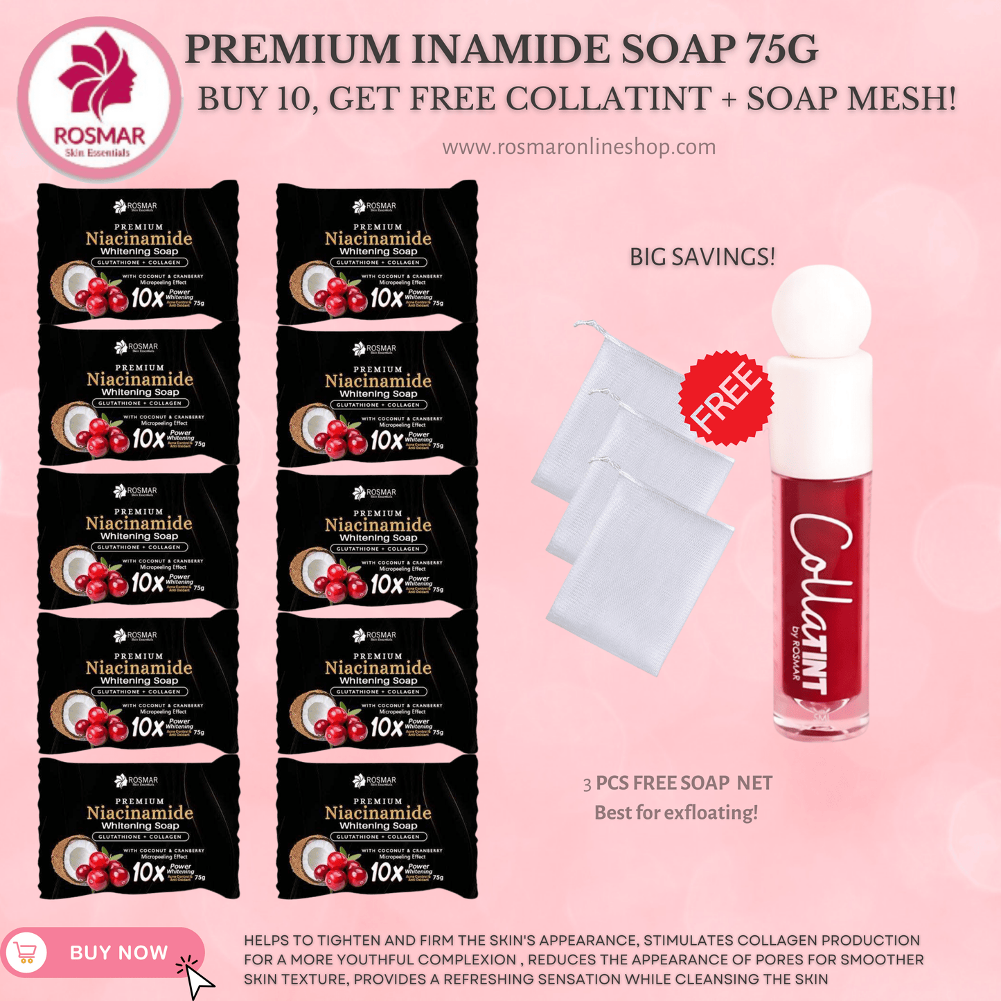 NEW PACKAGING ROSMAR NIACINAMIDE SOAP 75g ROSMAR PREMIUM QUALITY 100% AUTHENTIC Rosmar Online Shop 10 PCS SOAP (75G) + FREE SOAP MESH + COLLATINT