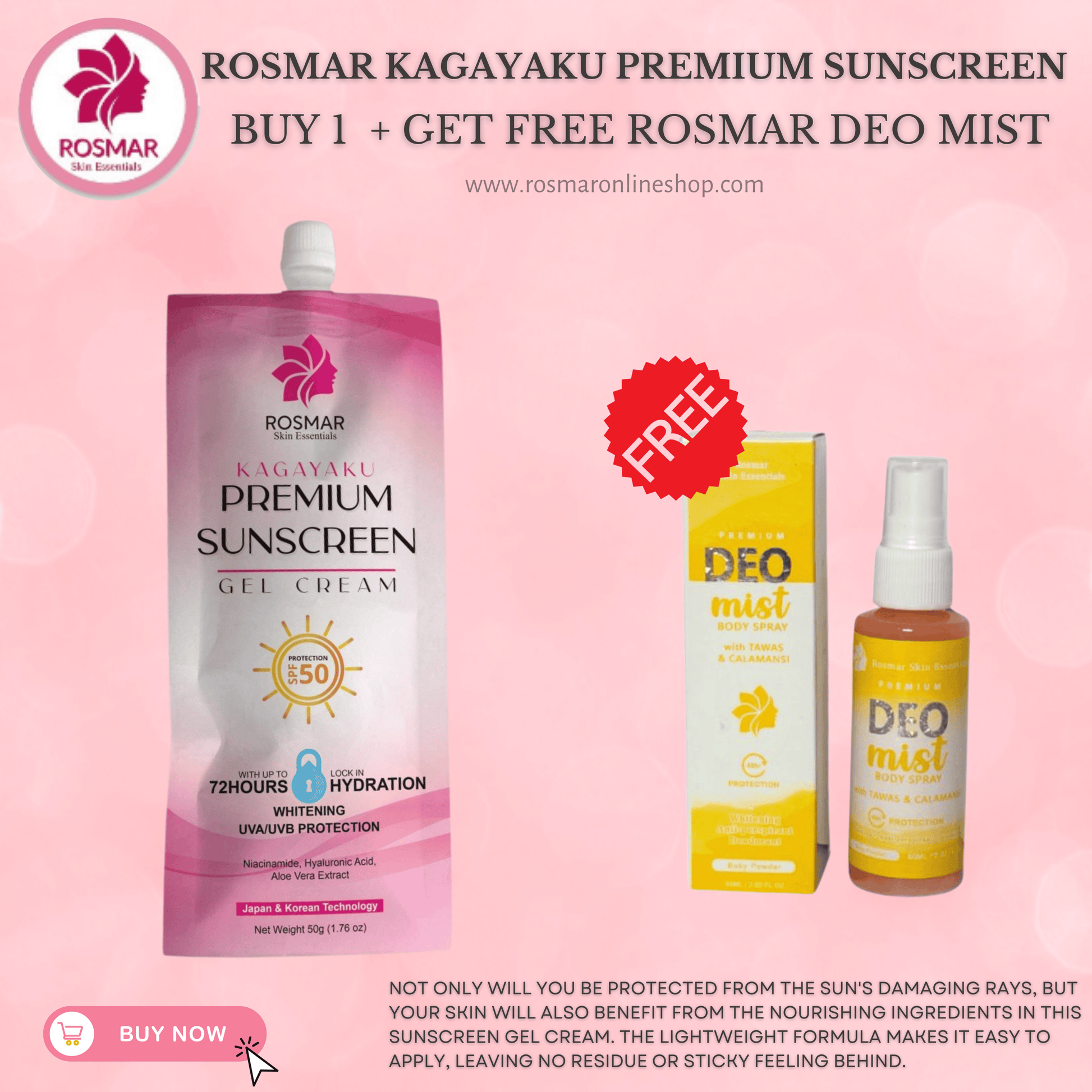 Premium Sunscreen Gel SPF50 50g Rosmar Kagayaku Rosmar Online Shop BUY 1 GET FREE DEO MIST
