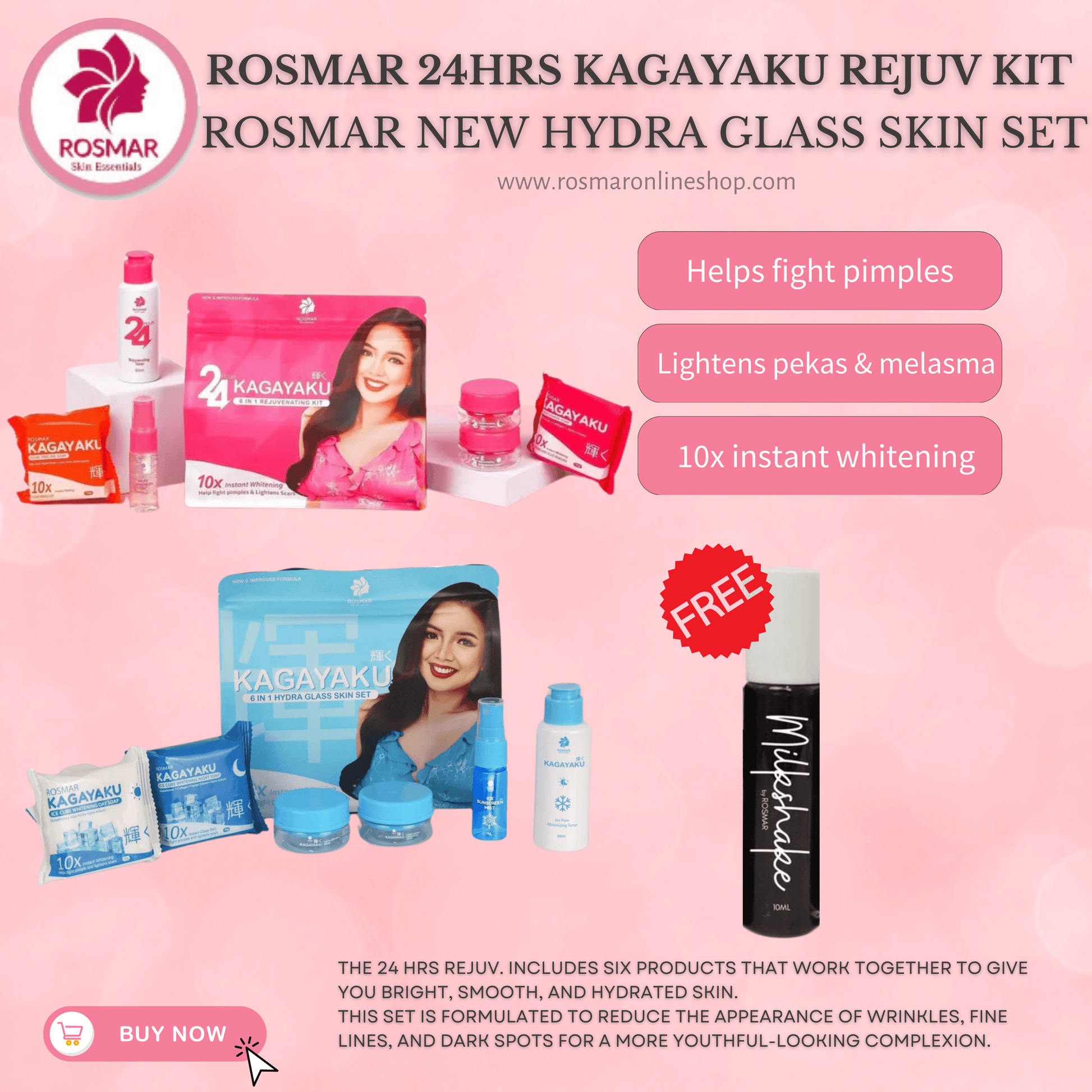 Rosmar 6 in 1 REJUV SET | 24 Hours Kagayaku 6in1 Rejuvenating Kit Rosmar Online Shop 1 REJUV SET + 1 HYDRA SET + FREE MILKSHAKE LIPTINT