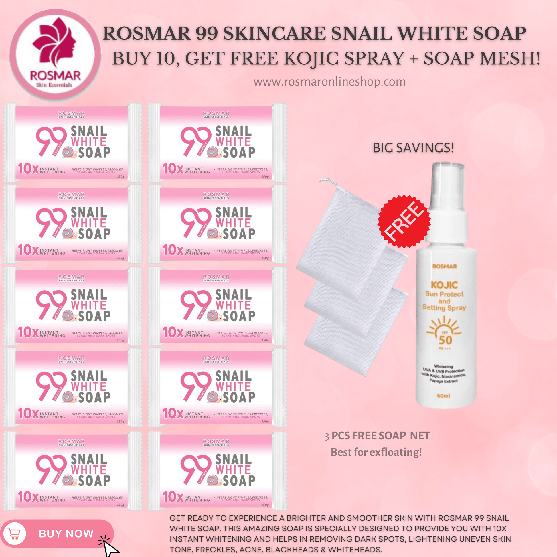 ROSMAR 99 Skincare Snail White Soap 150g - 1 Bar | Whitening Whipped Soap Rosmar Online Shop 10 PCS SOAP + FREE SOAP MESH + KOJIC SPRAY