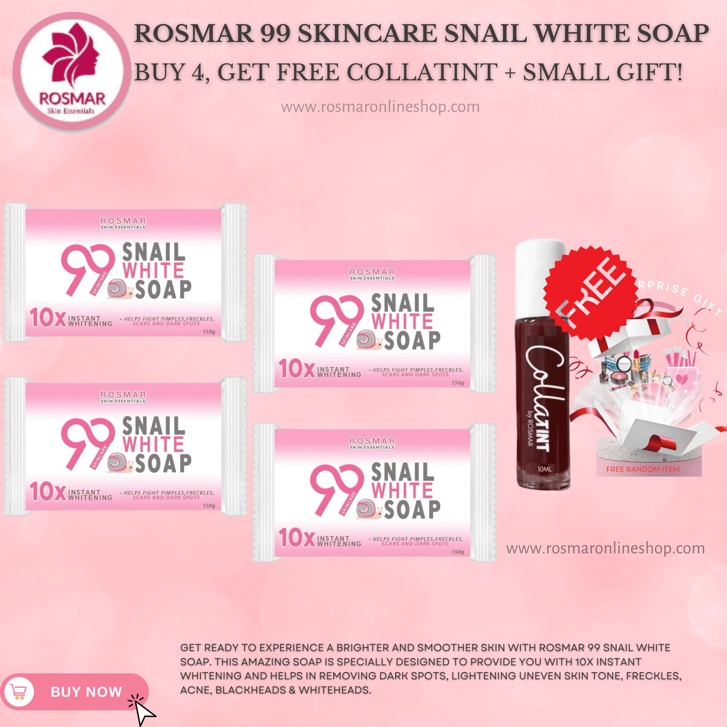 ROSMAR 99 Skincare Snail White Soap 150g - 1 Bar | Whitening Whipped Soap Rosmar Online Shop 4 PCS SOAP + FREE GIFT + GET FREE COLLATINT