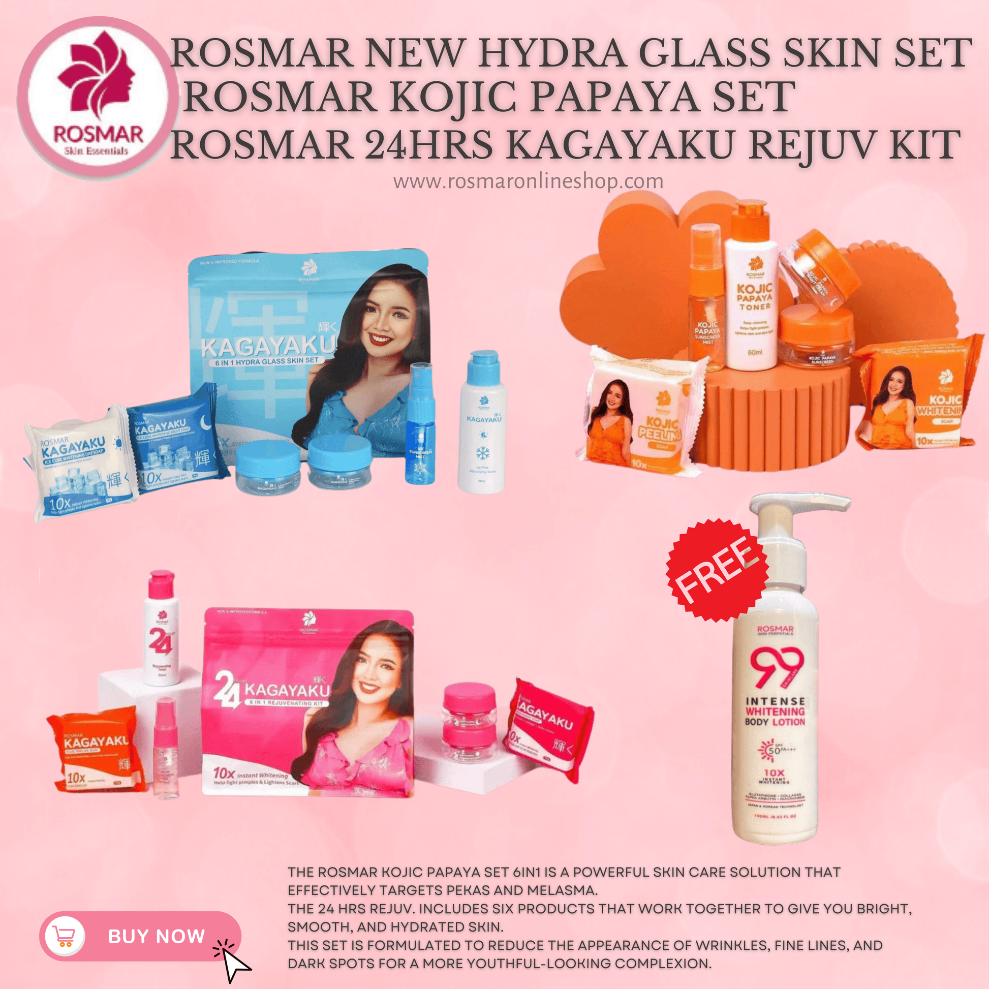 ROSMAR BUY 1 SET 6IN1 HYDRA GLASS SKIN SET Achieve Korean Glass Skin Pore Minimizing Rosmar Online Shop 1 HYDRA SET + 1 PAPAYA SET + 1 REJUV SET + FREE 99 LOTION