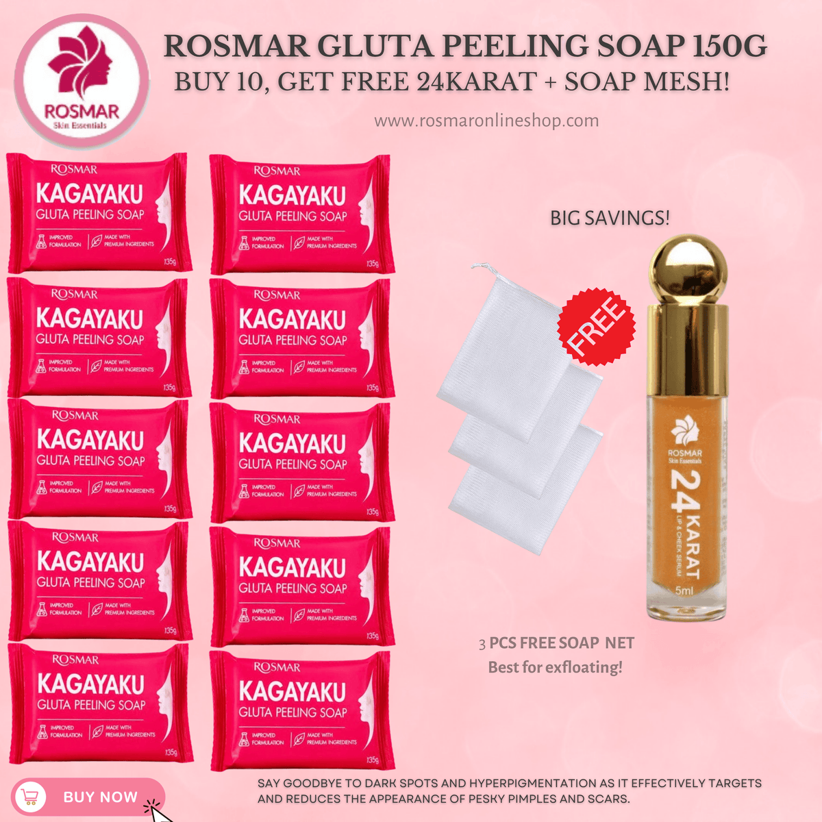 ROSMAR GLUTATHIONE PEELING SOAP - ALL TIME BEST SELLER SOAP Rosmar Online Shop 10 PCS SOAP + FREE SOAP MESH + 24KARAT