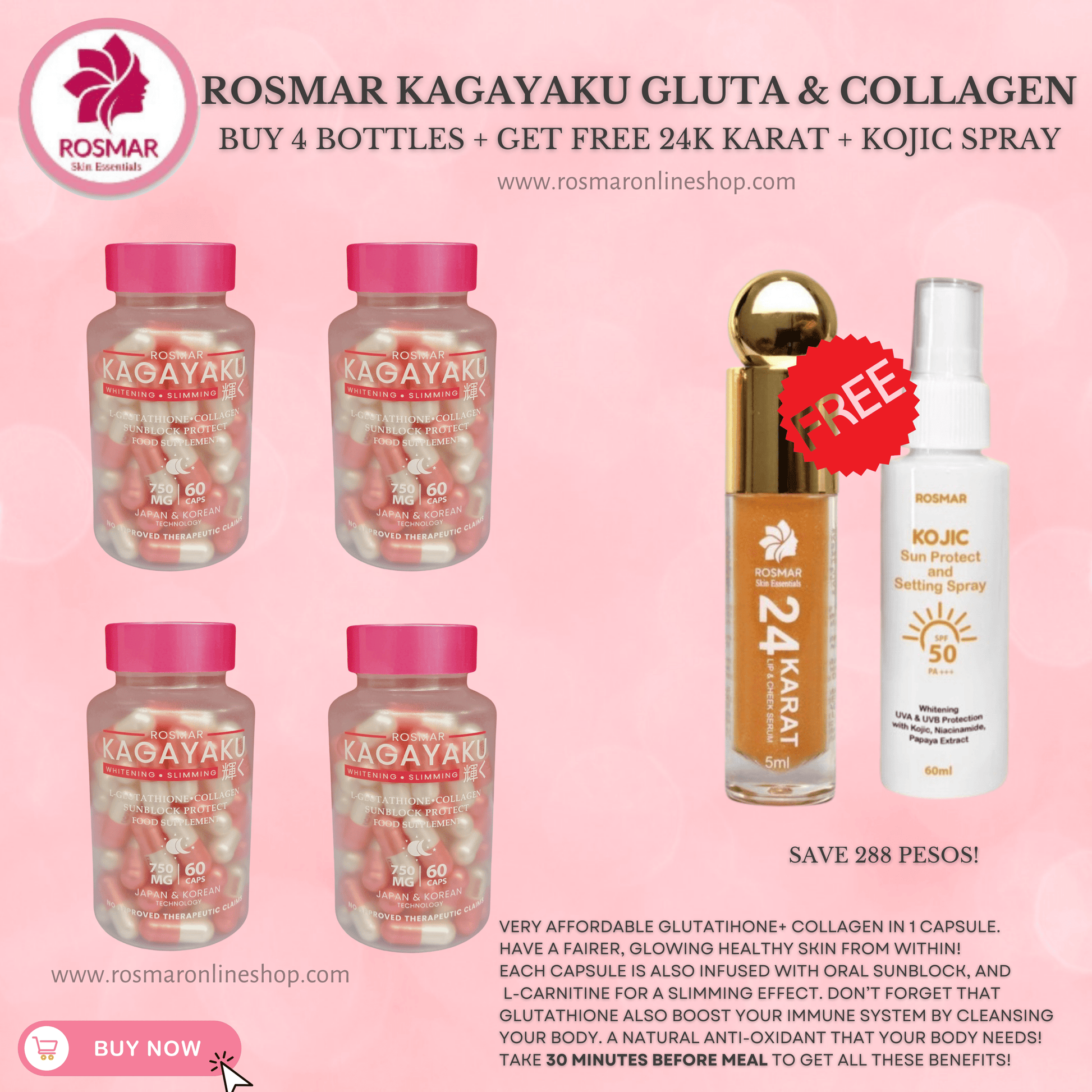 Rosmar Kagayaku Caps 60 Caps | Whitening & Slimming | Gluta , Collagen & Oral Sun Rosmar Online Shop 4 BOXES + FREE KOJIC SPRAY + 24 KARAT