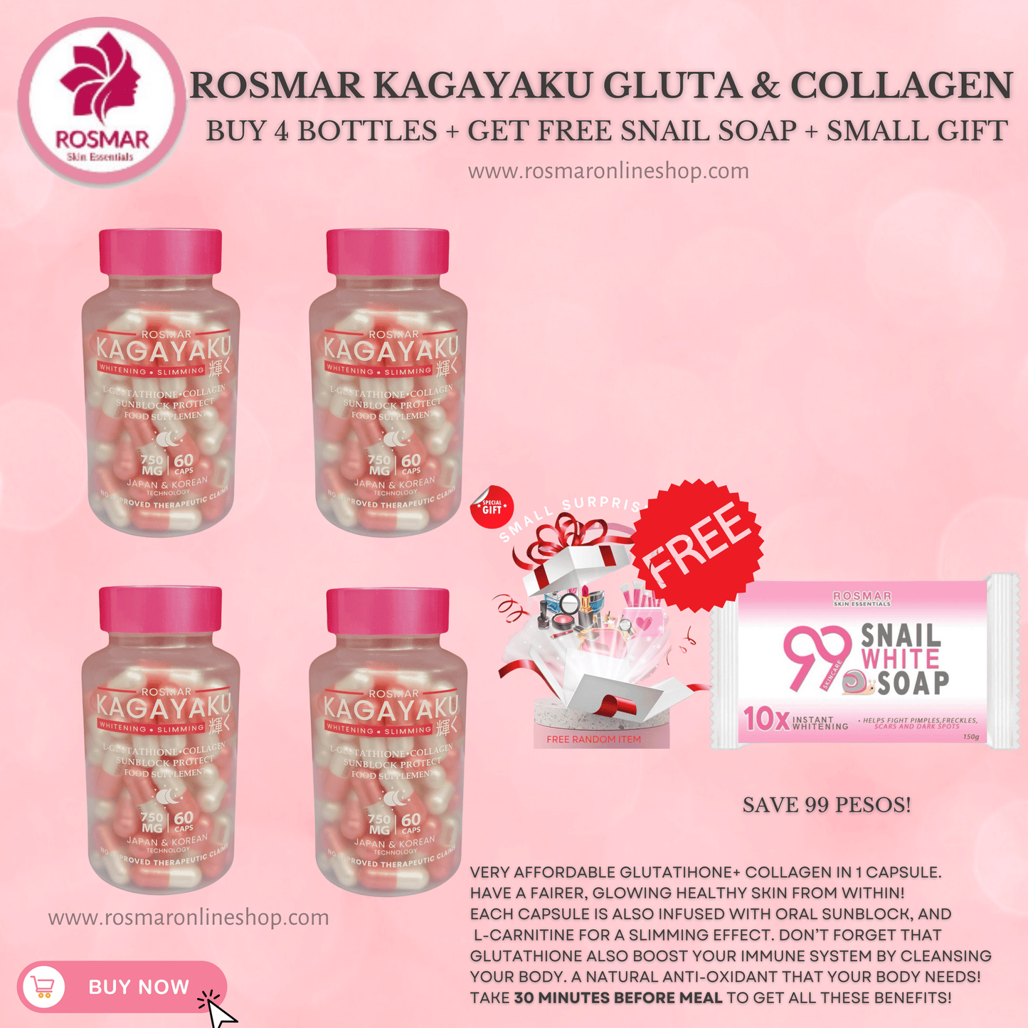 Rosmar Kagayaku Caps 60 Caps | Whitening & Slimming | Gluta , Collagen & Oral Sun Rosmar Online Shop 4 BOXES + FREE SNAIL SOAP + GET 1 FREE GIFT